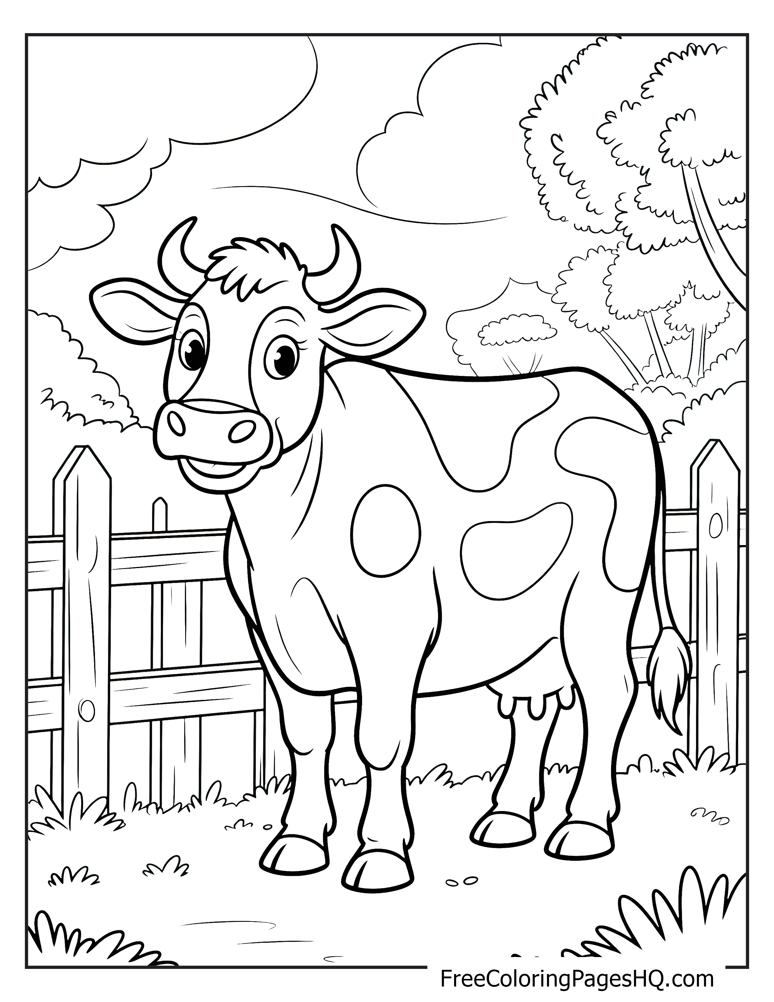 A happy cow standing beside a fence in a grassy field.