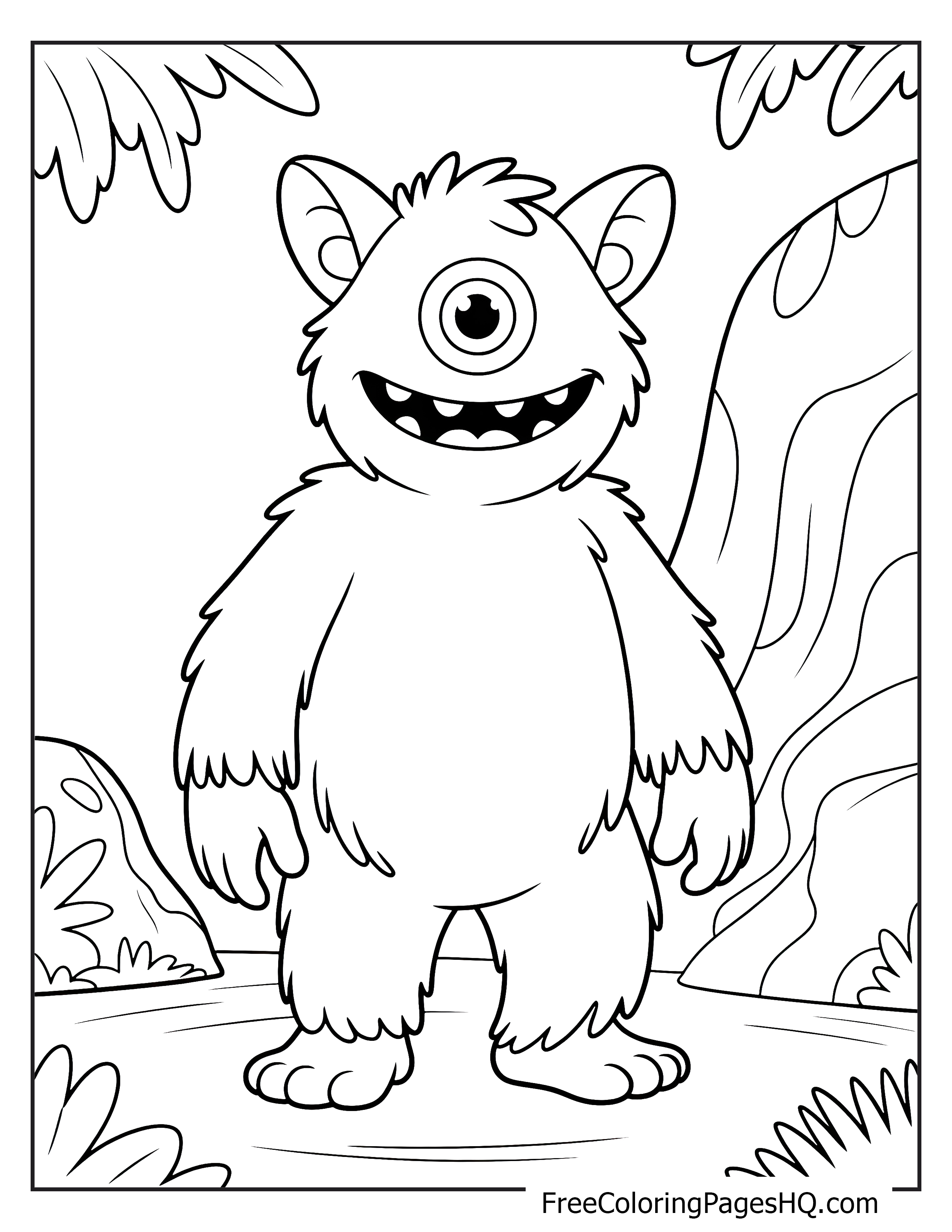 A happy cyclops with one eye and a big smile in a forest setting.