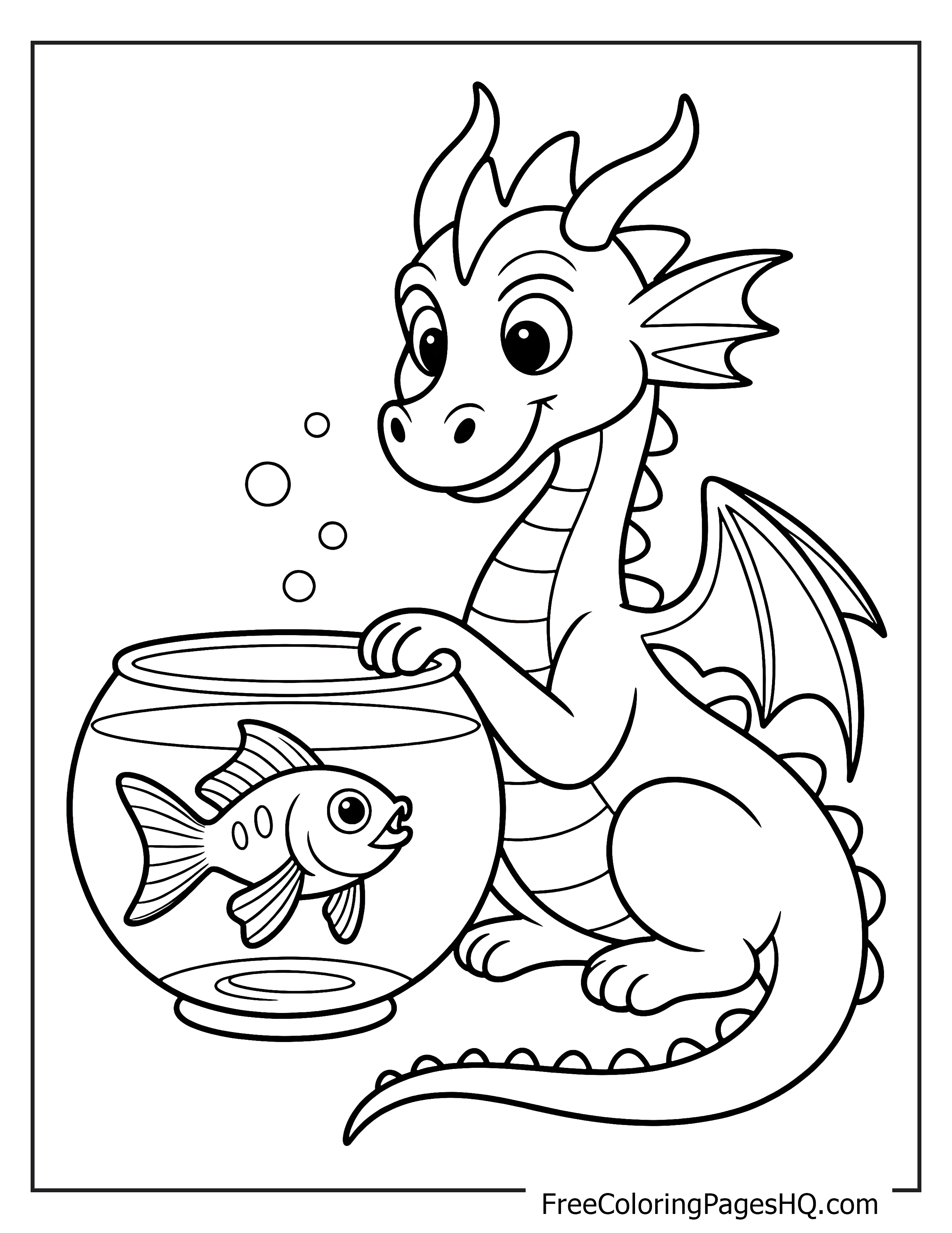 Friendly dragon peering at a fish inside a bowl.