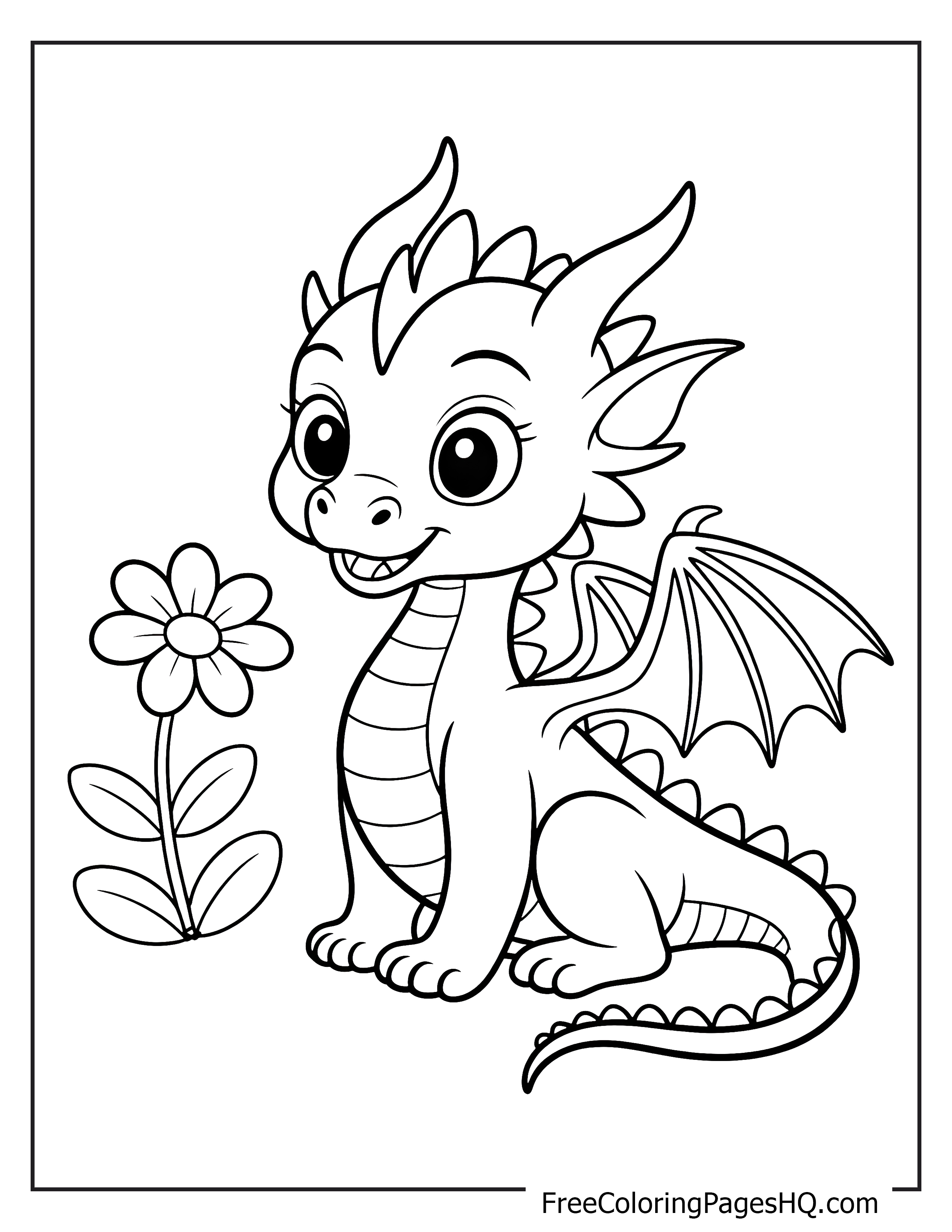 Adorable dragon sitting beside a cheerful flower.
