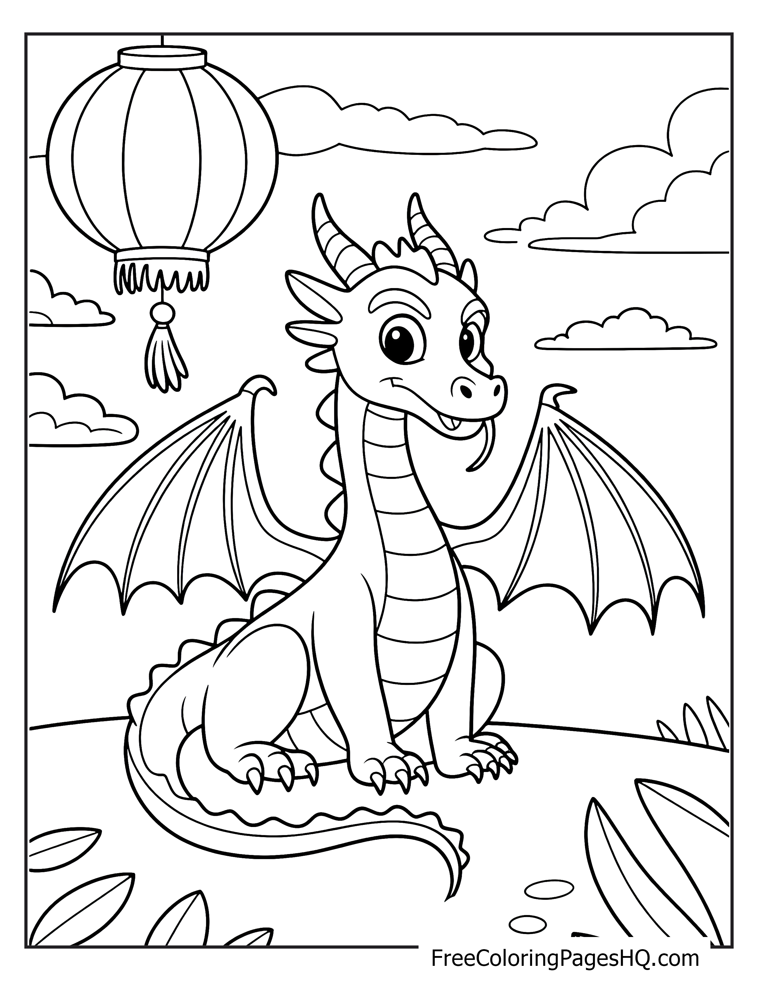 Smiling dragon with a lantern and clouds.