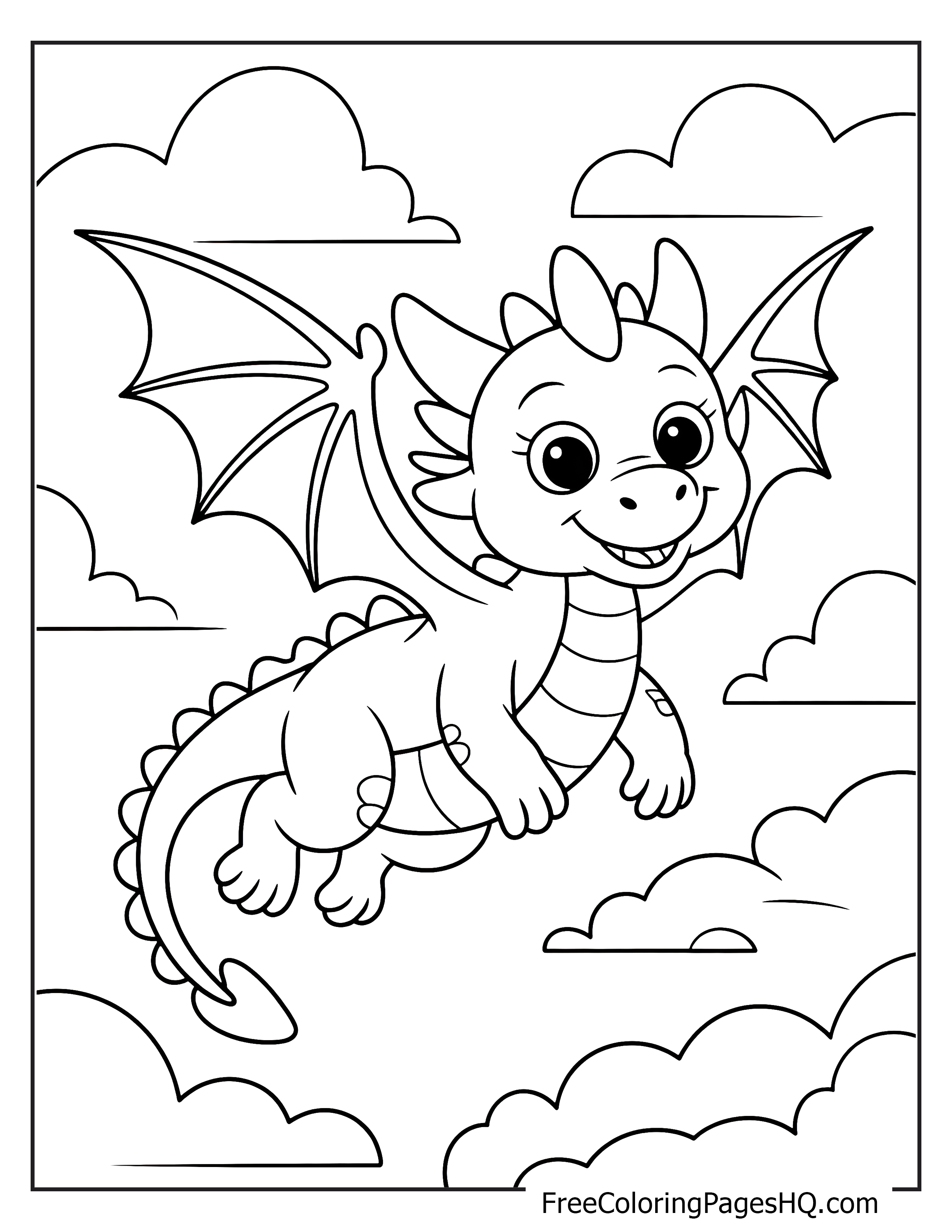 Cute dragon soaring through the sky with clouds.