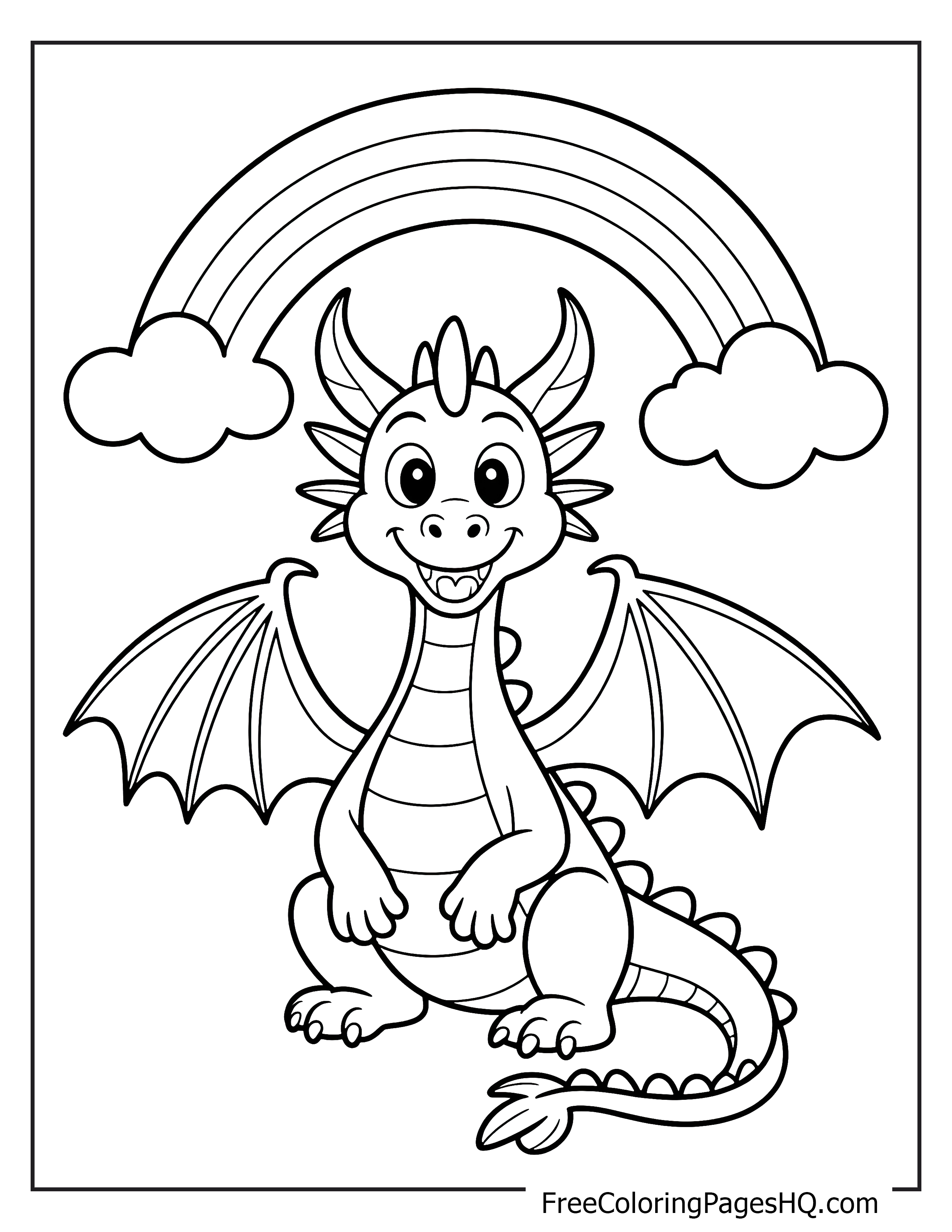 Happy dragon with rainbow and clouds illustration.