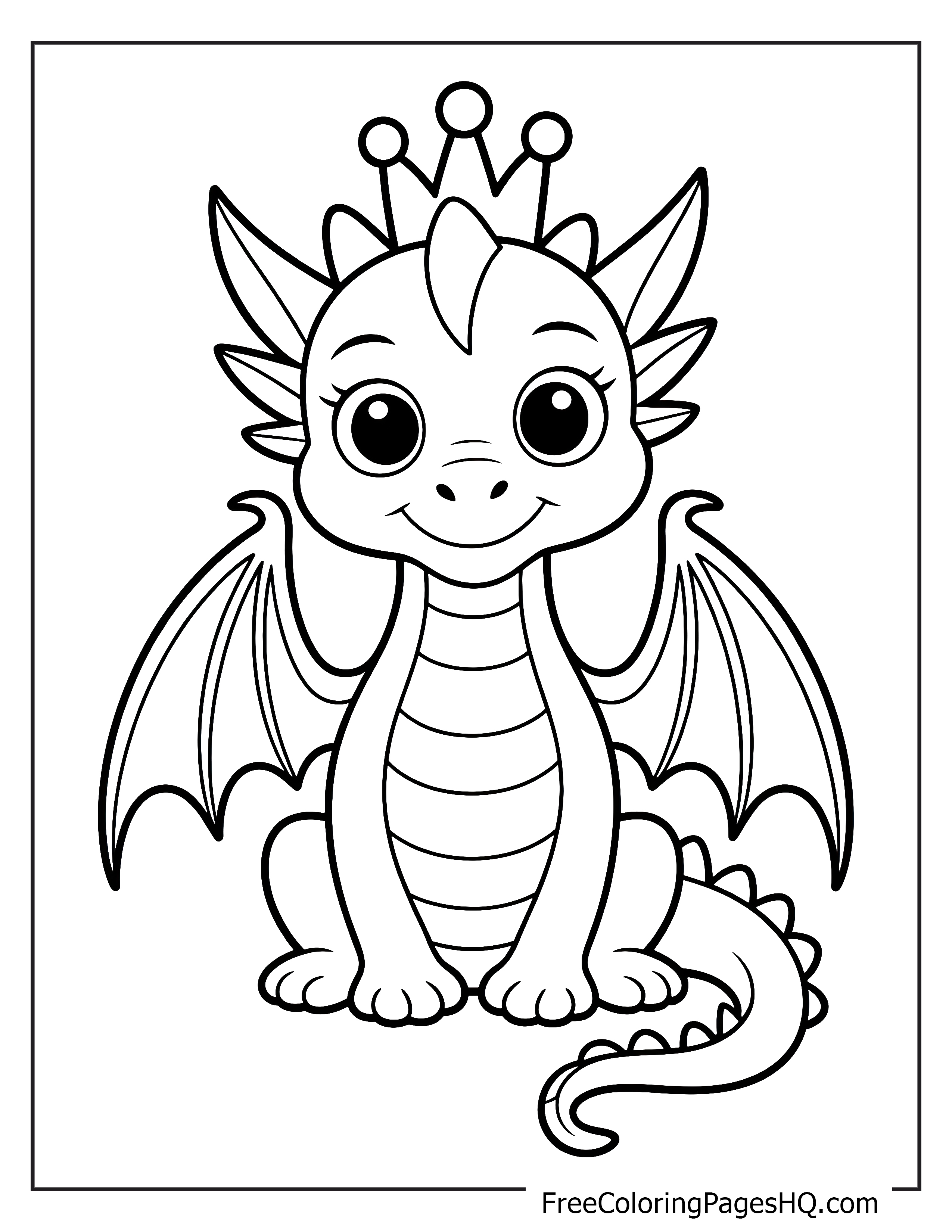 Adorable dragon wearing a crown, perfect for coloring.