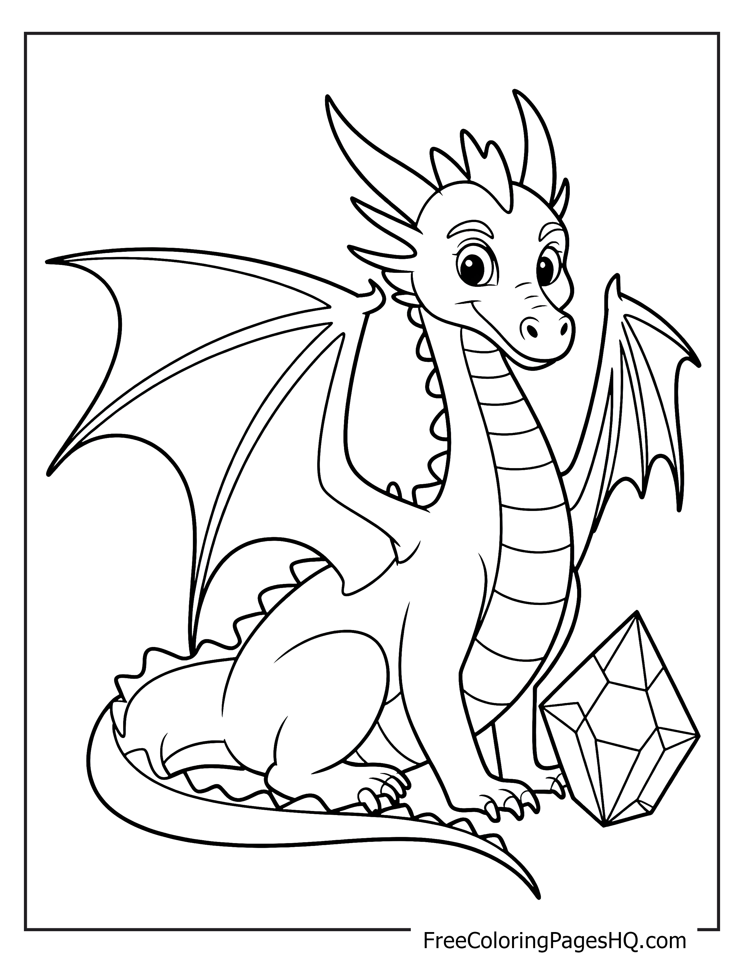 Smiling dragon posing with a shiny gemstone.