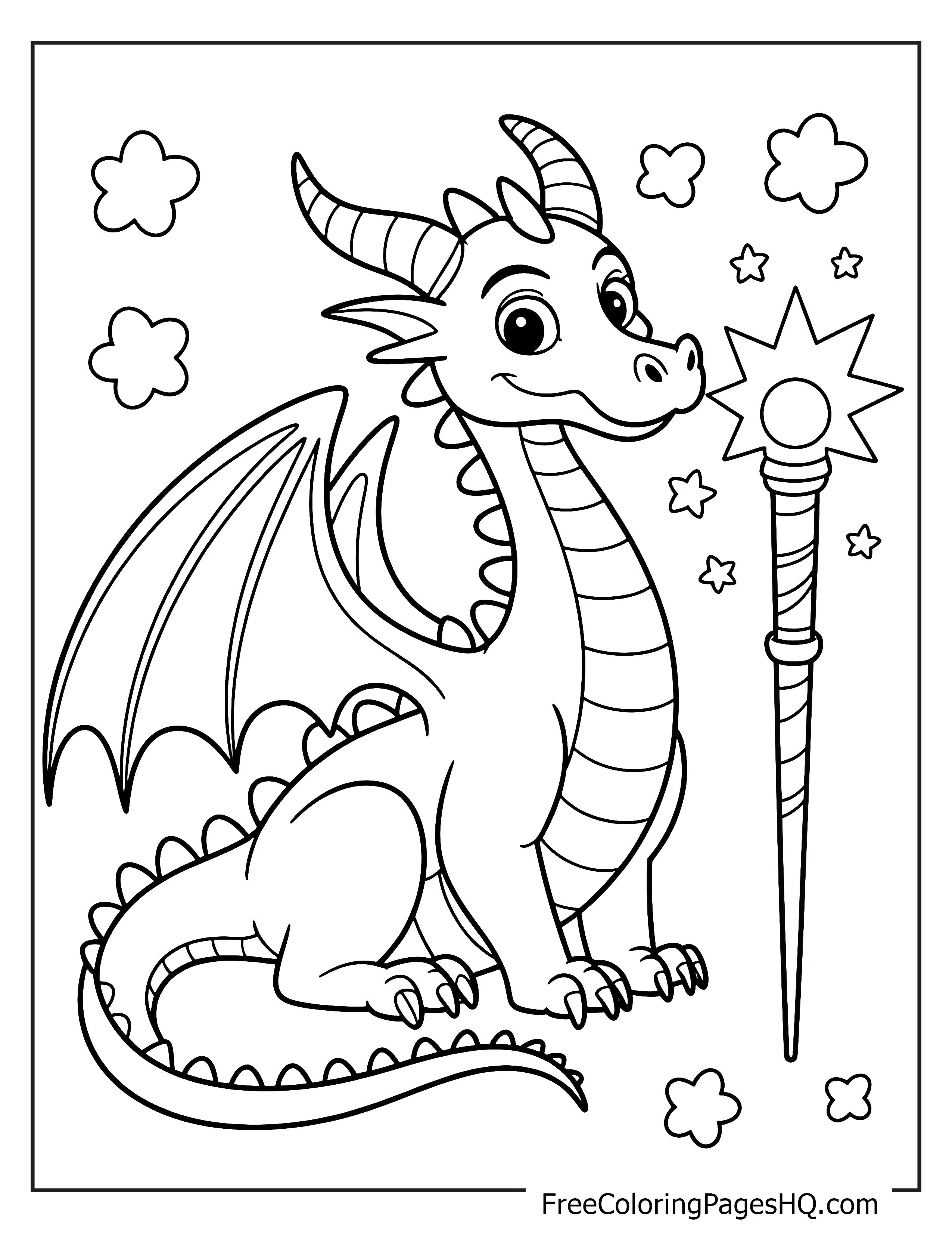 Illustration of a happy dragon, wand, stars, and clouds.