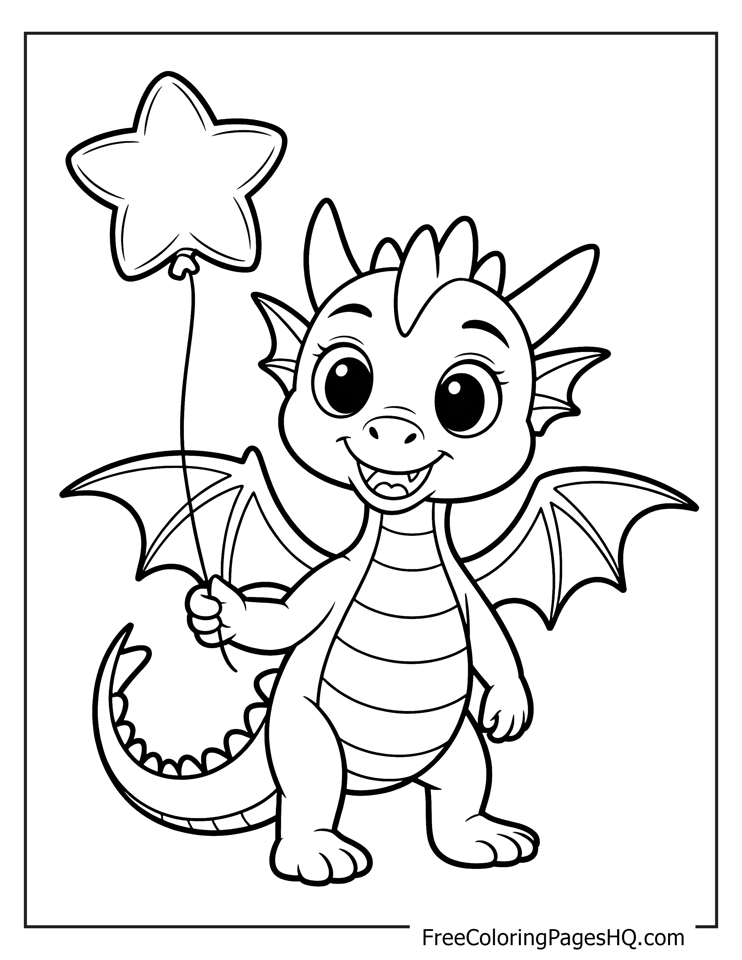 A cute dragon holds a star balloon, looking joyful.