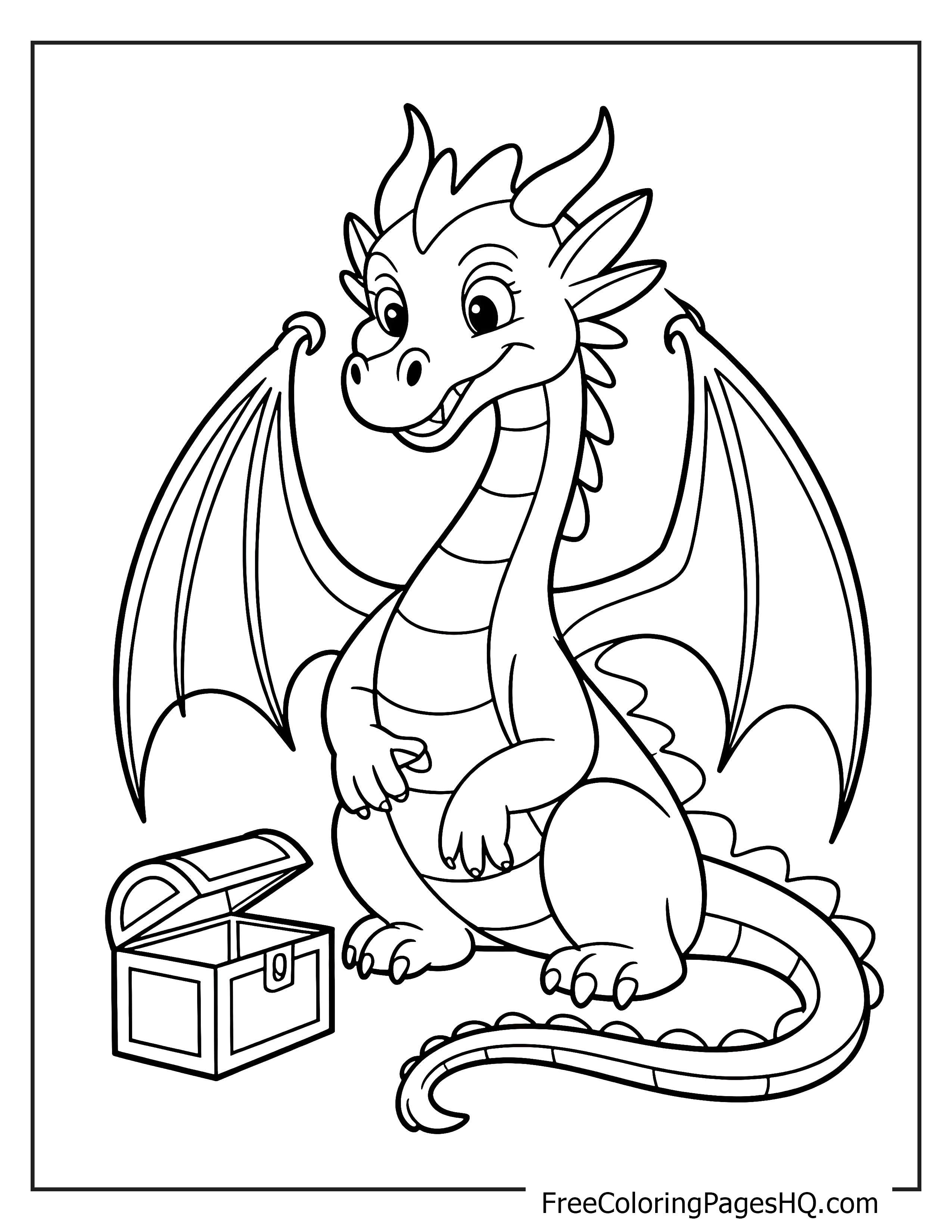 Cute dragon and treasure chest illustration for kids.