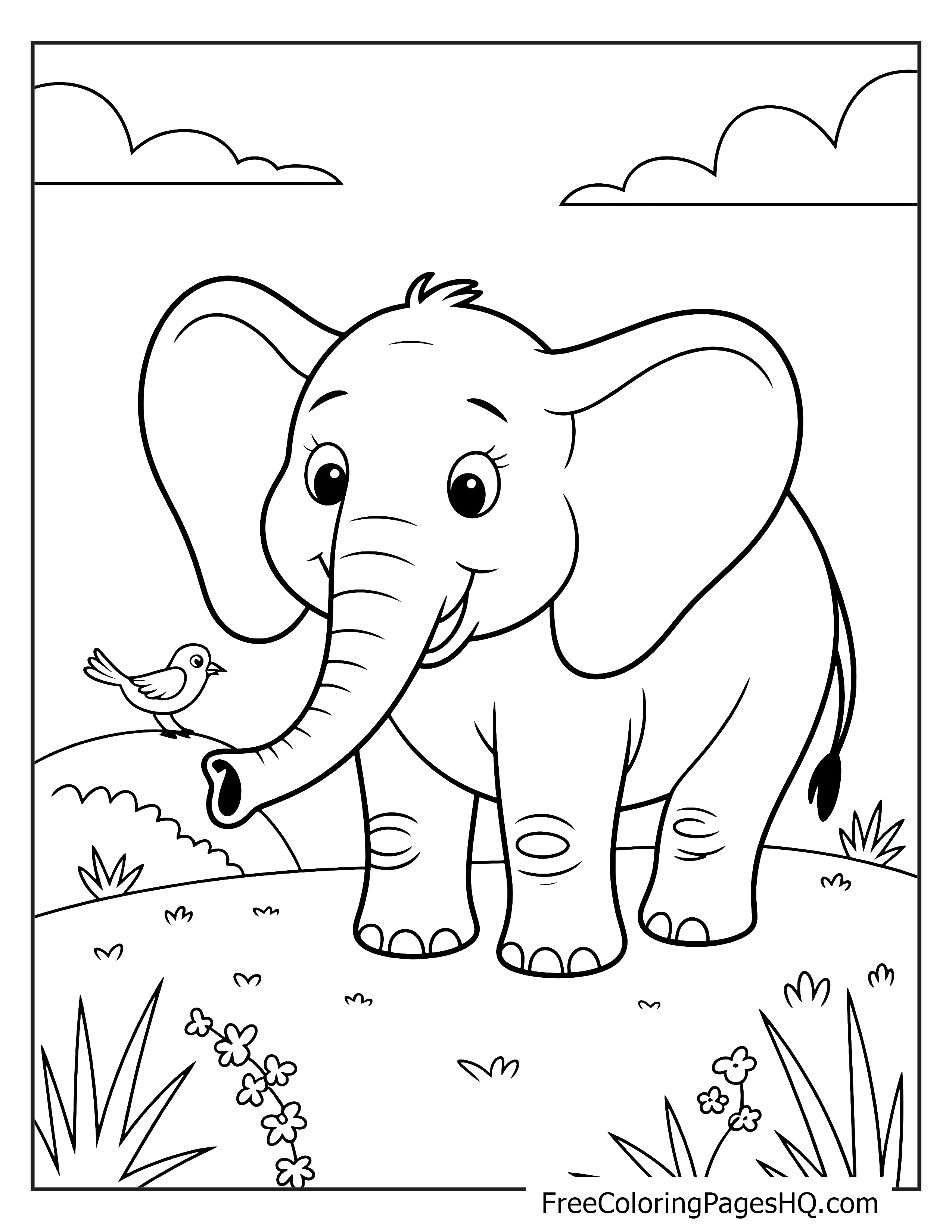 An elephant with a bird on its trunk in a grassy field.