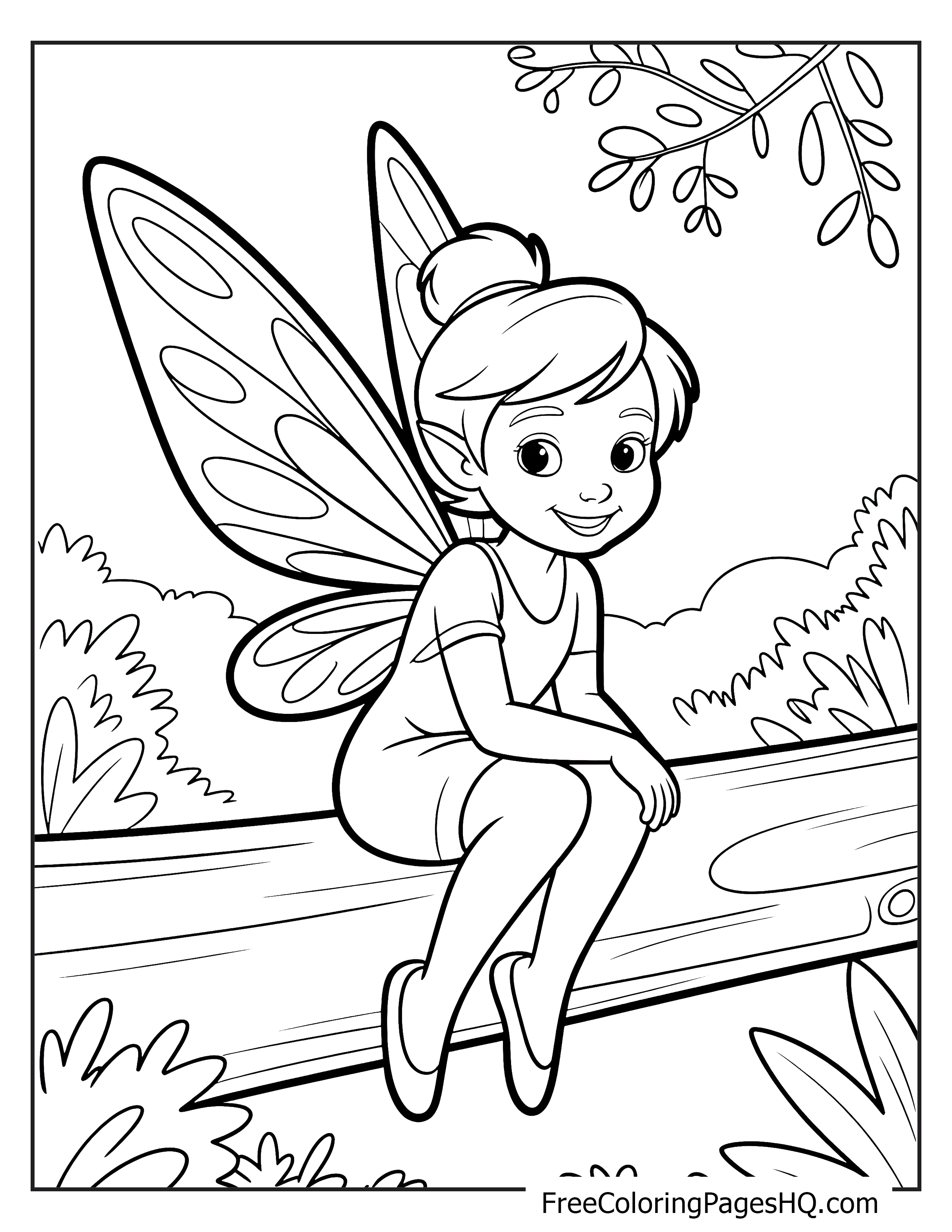 Cheerful fairy with wings sitting on a log in a forest setting.