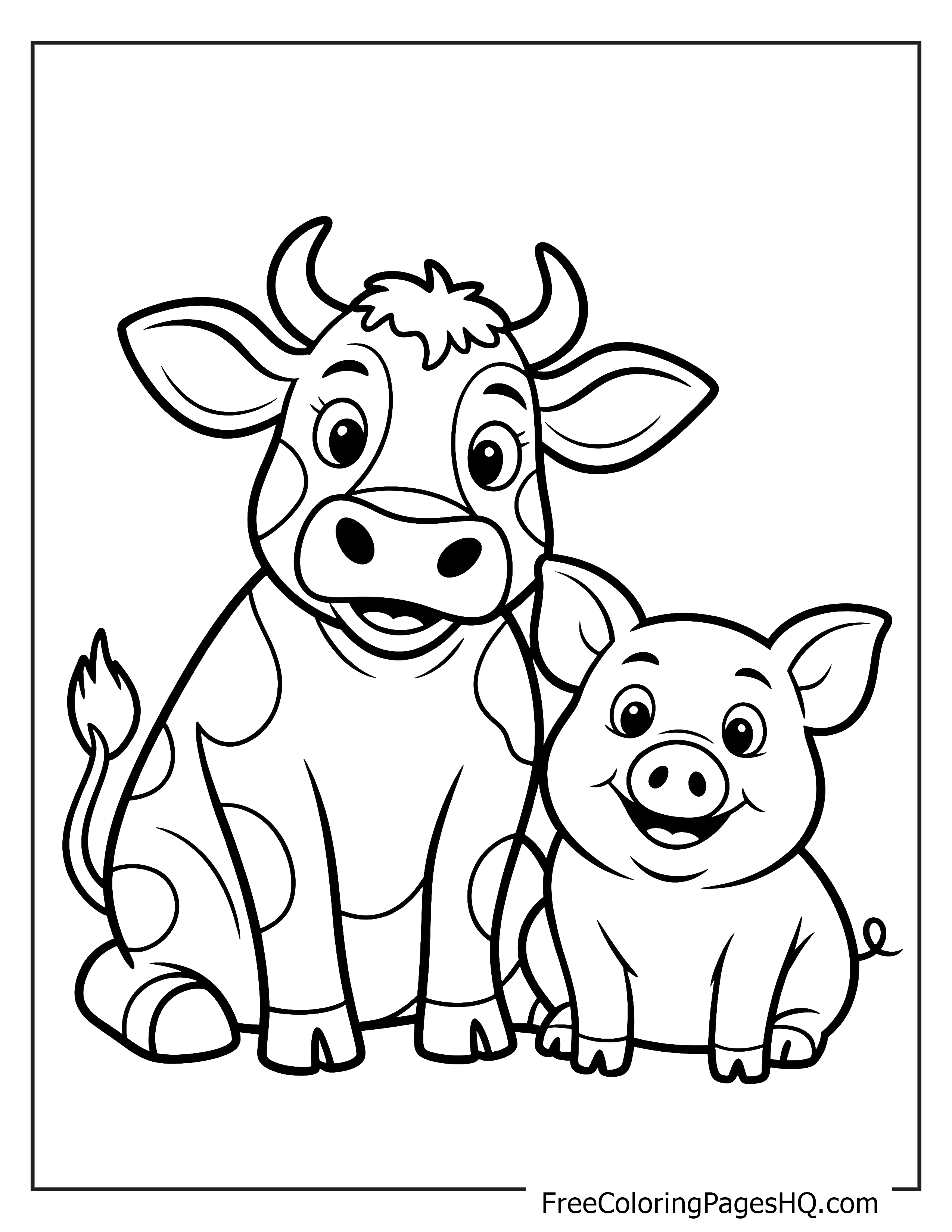 A cow and a pig sitting side by side, both looking happy.