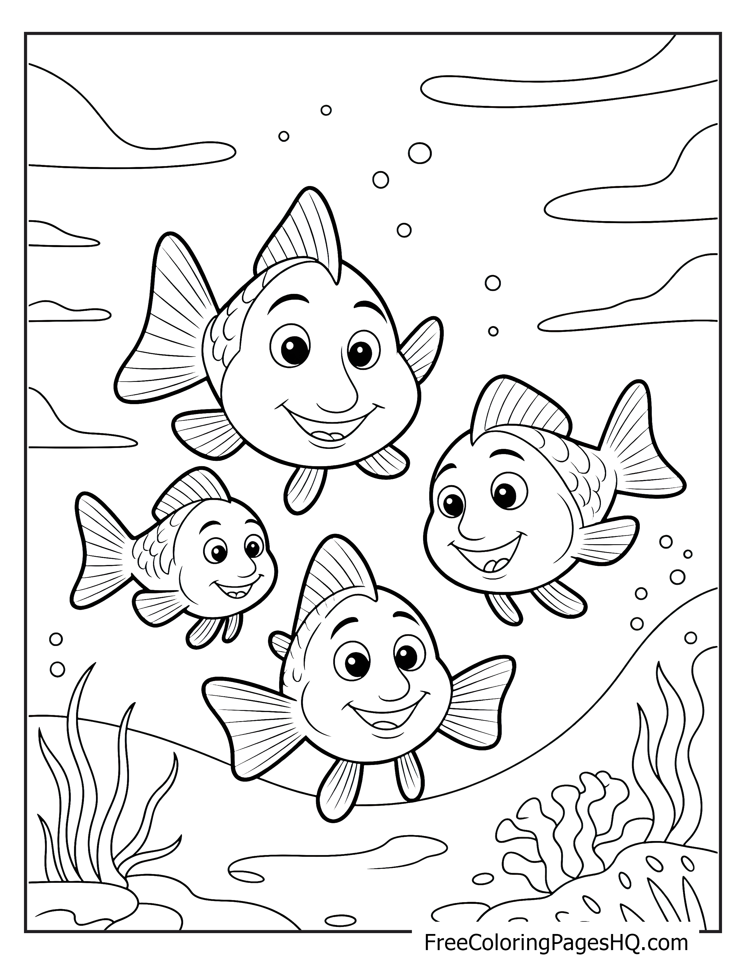 Adorable fish swimming underwater with bubbles around them.