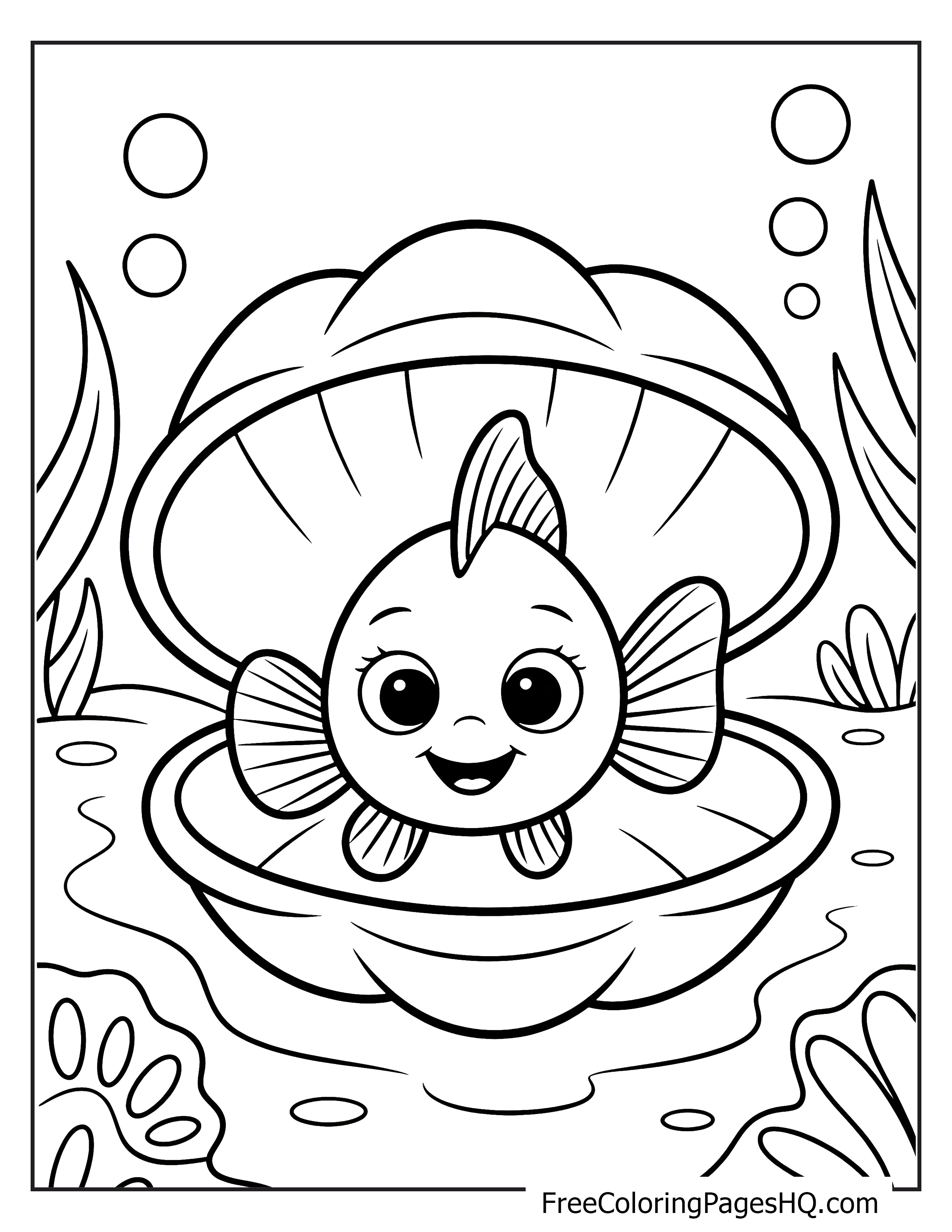 Happy fish peeking out of a clamshell underwater.