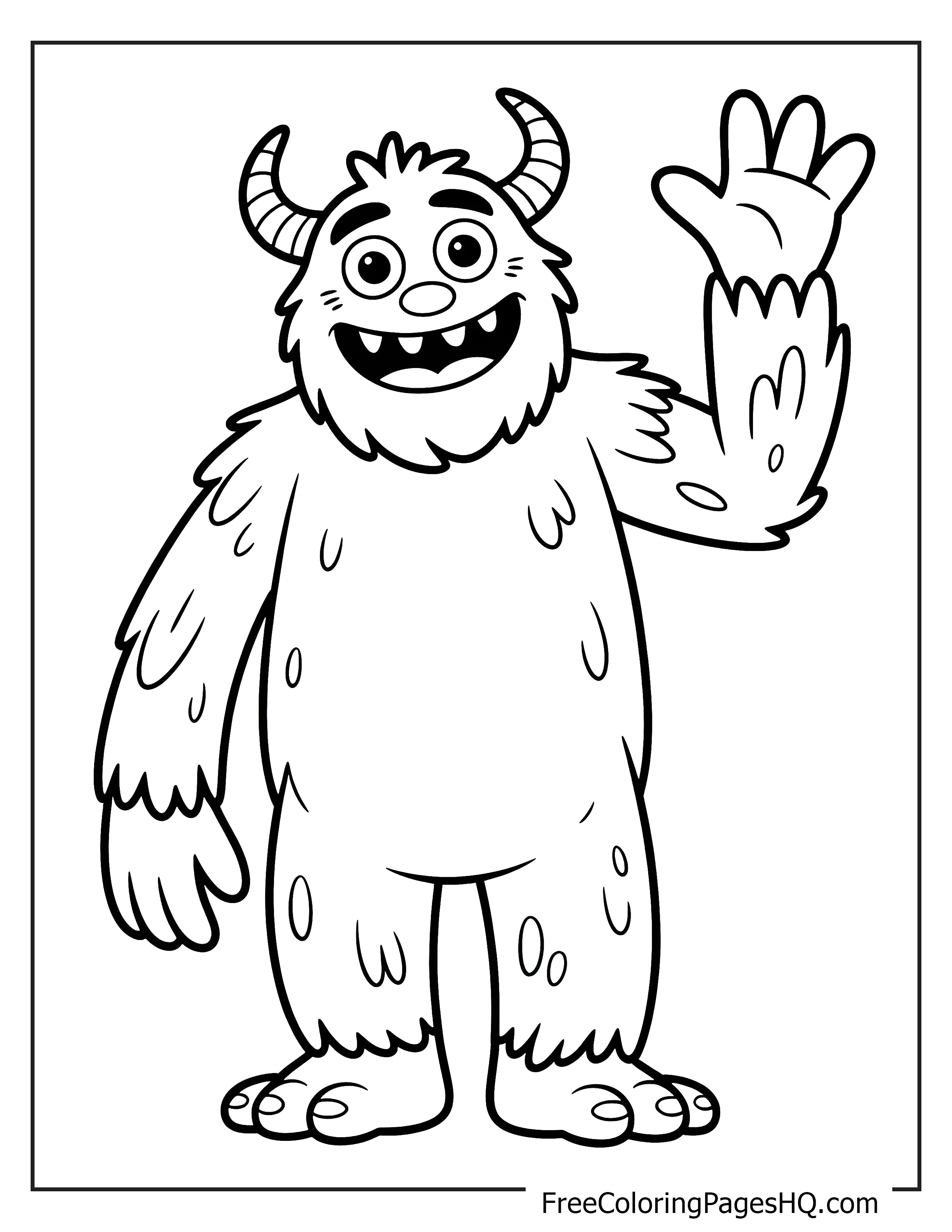 A furry monster with horns, smiling and waving.