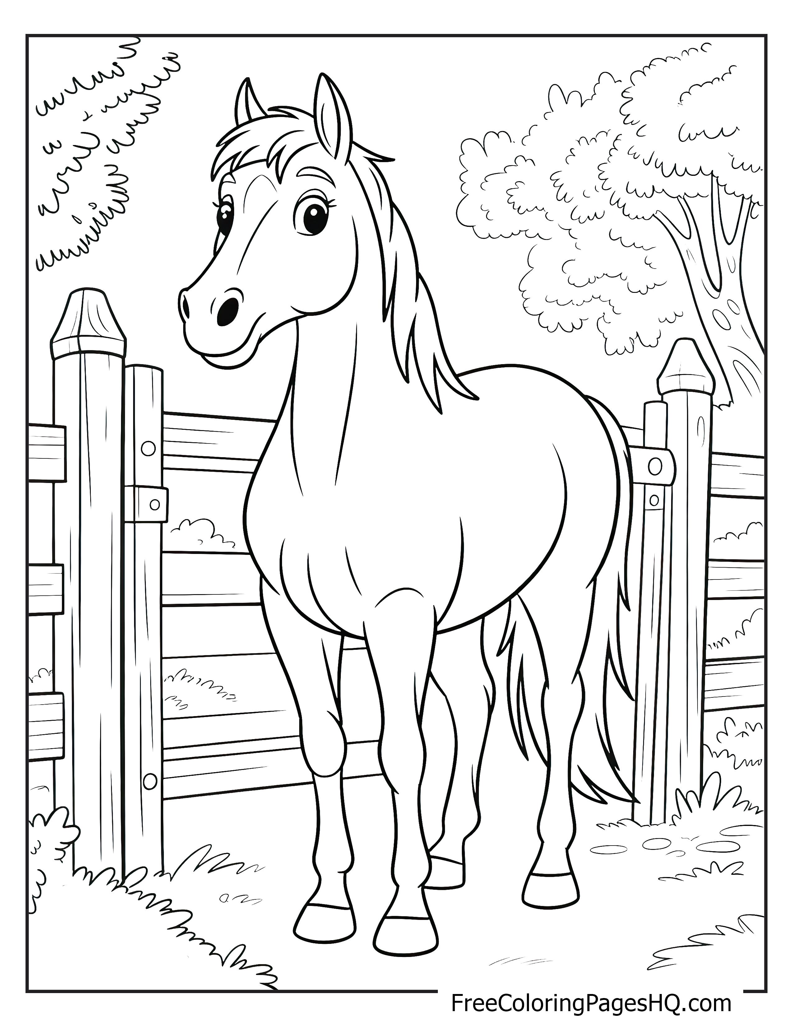 A friendly horse with bright eyes stands by a wooden fence in a sunny field.