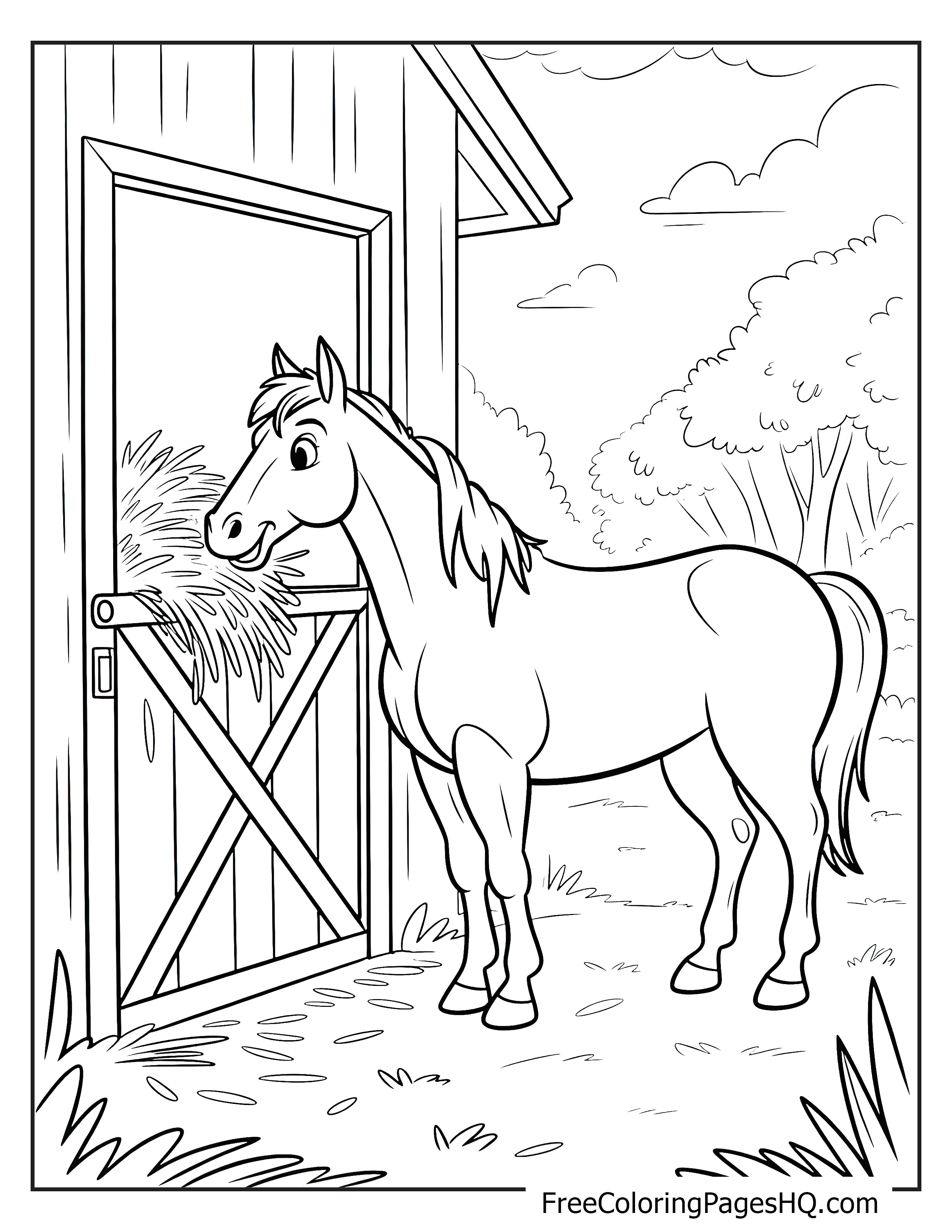 Happy horse eating hay next to a barn with trees and clouds in the background.