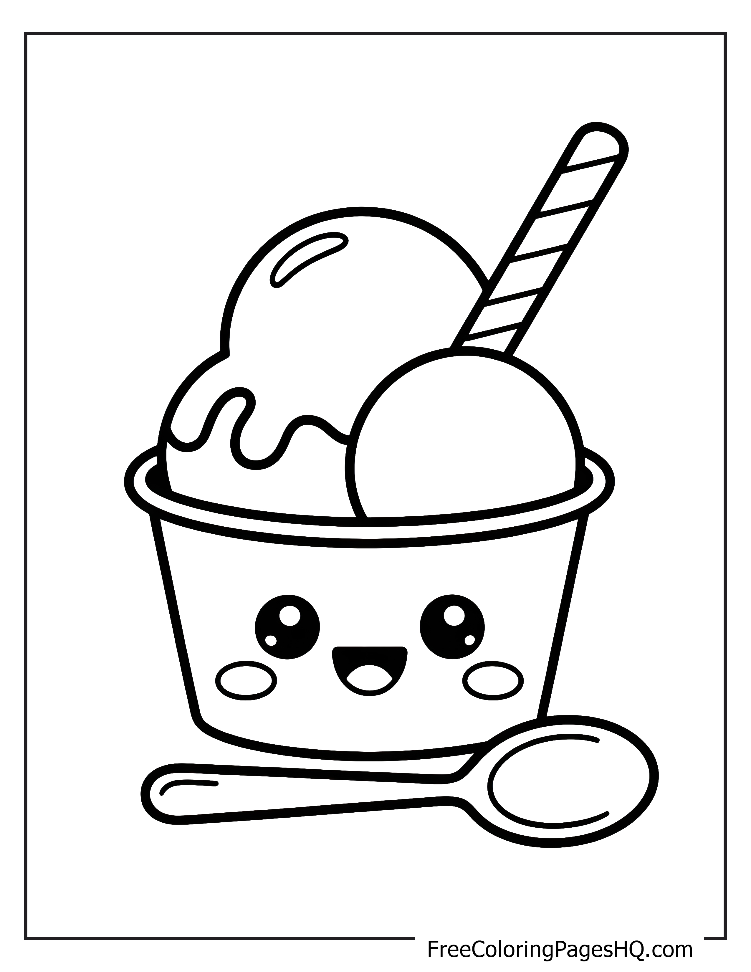 Ice cream cup character with happy expression and spoon.