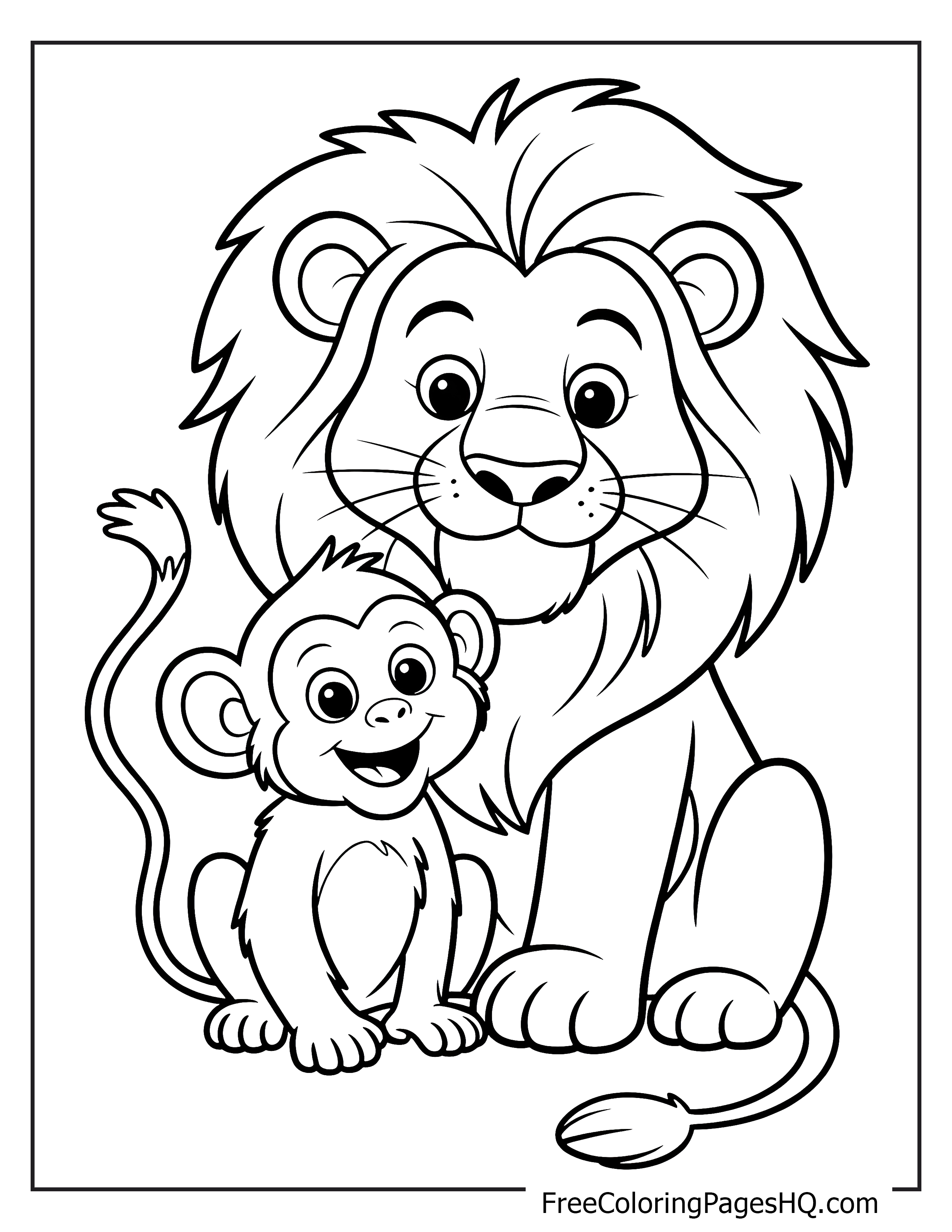 A lion and a monkey sitting together, looking cheerful.