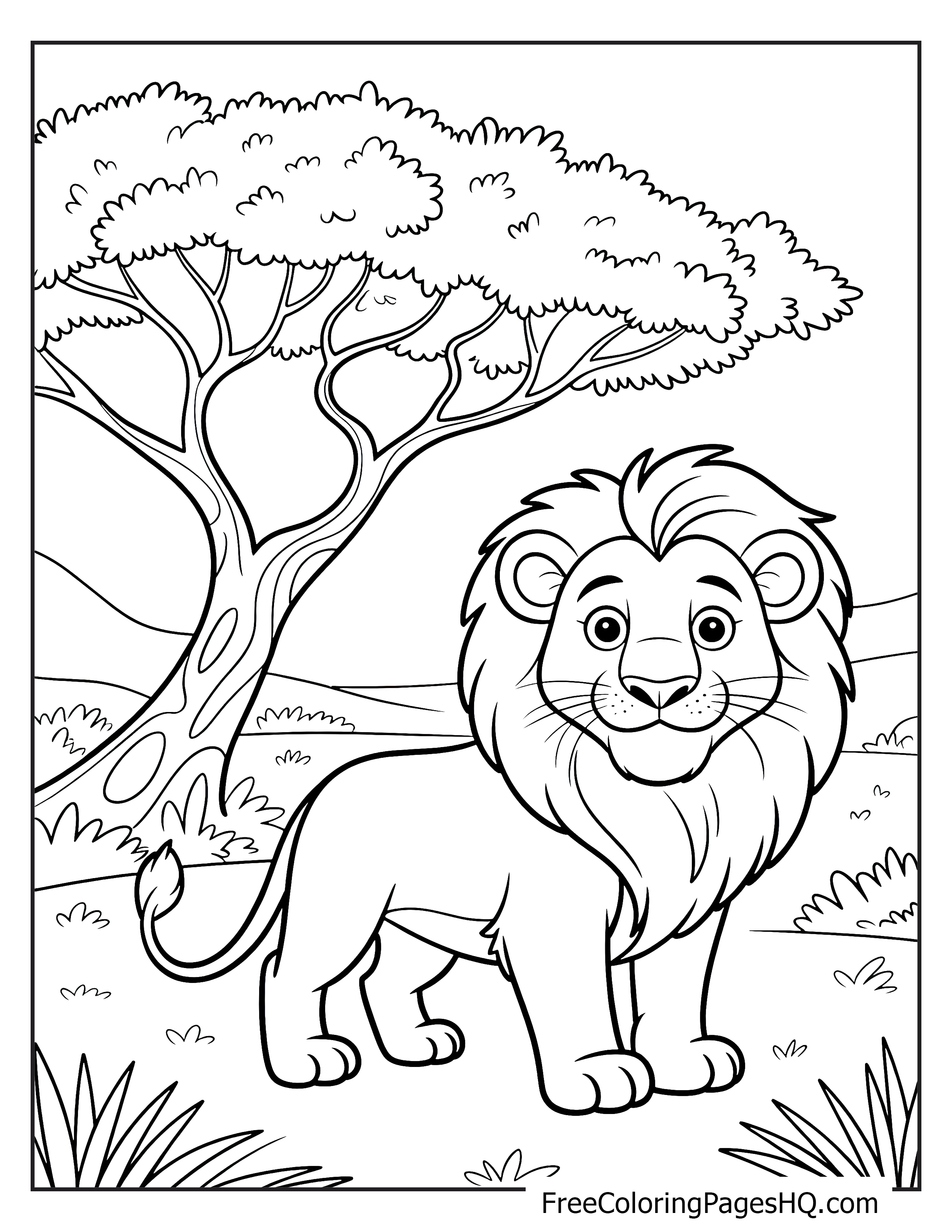 Lion with a fluffy mane stands under a tree in the savanna.