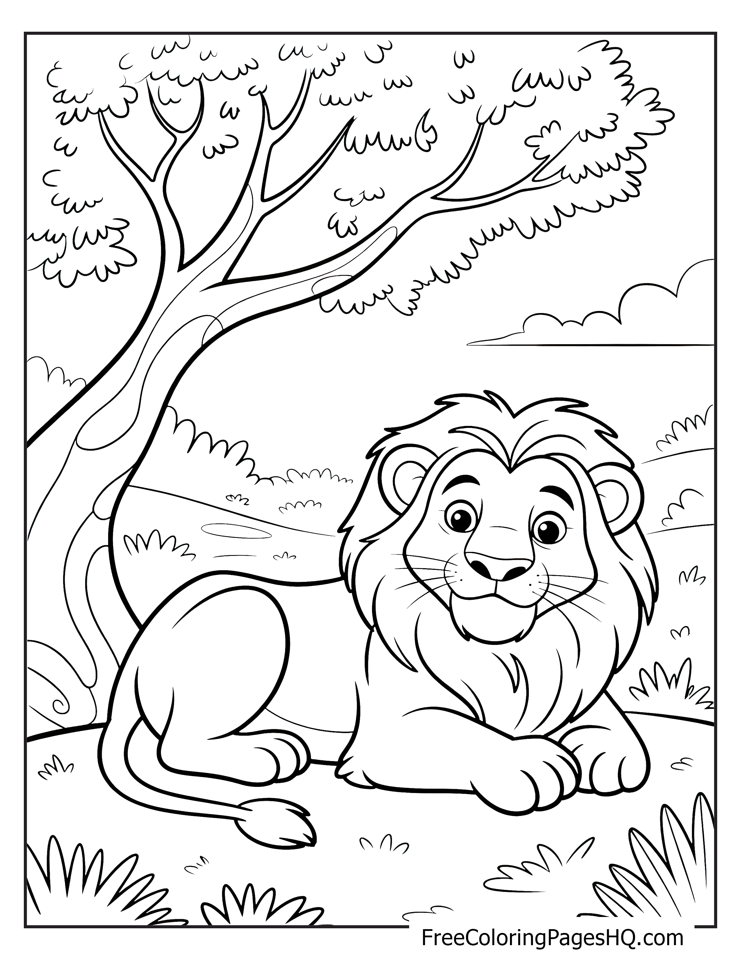 Happy lion lies under a tree on a grassy field.