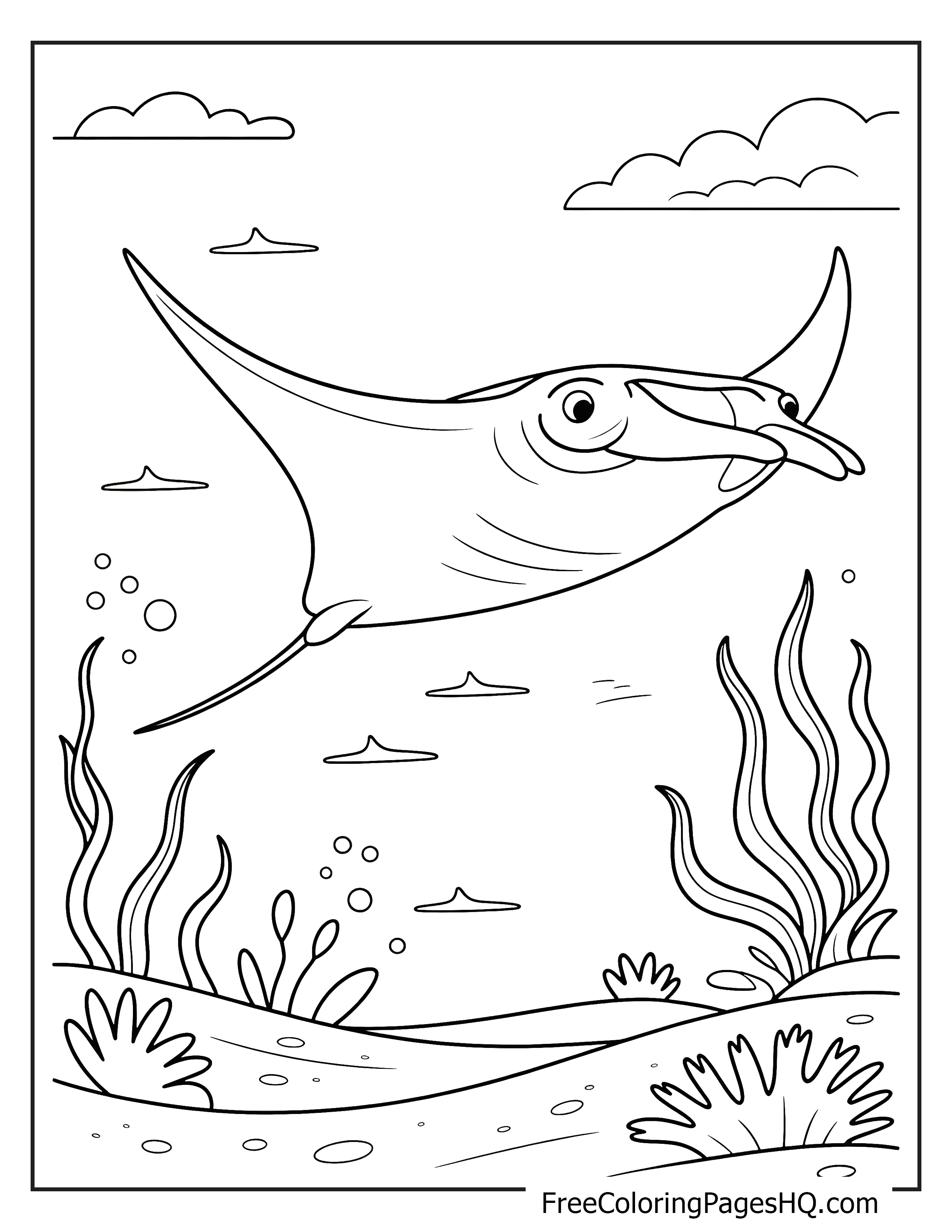 A smiling manta ray swims through underwater plants and bubbles.