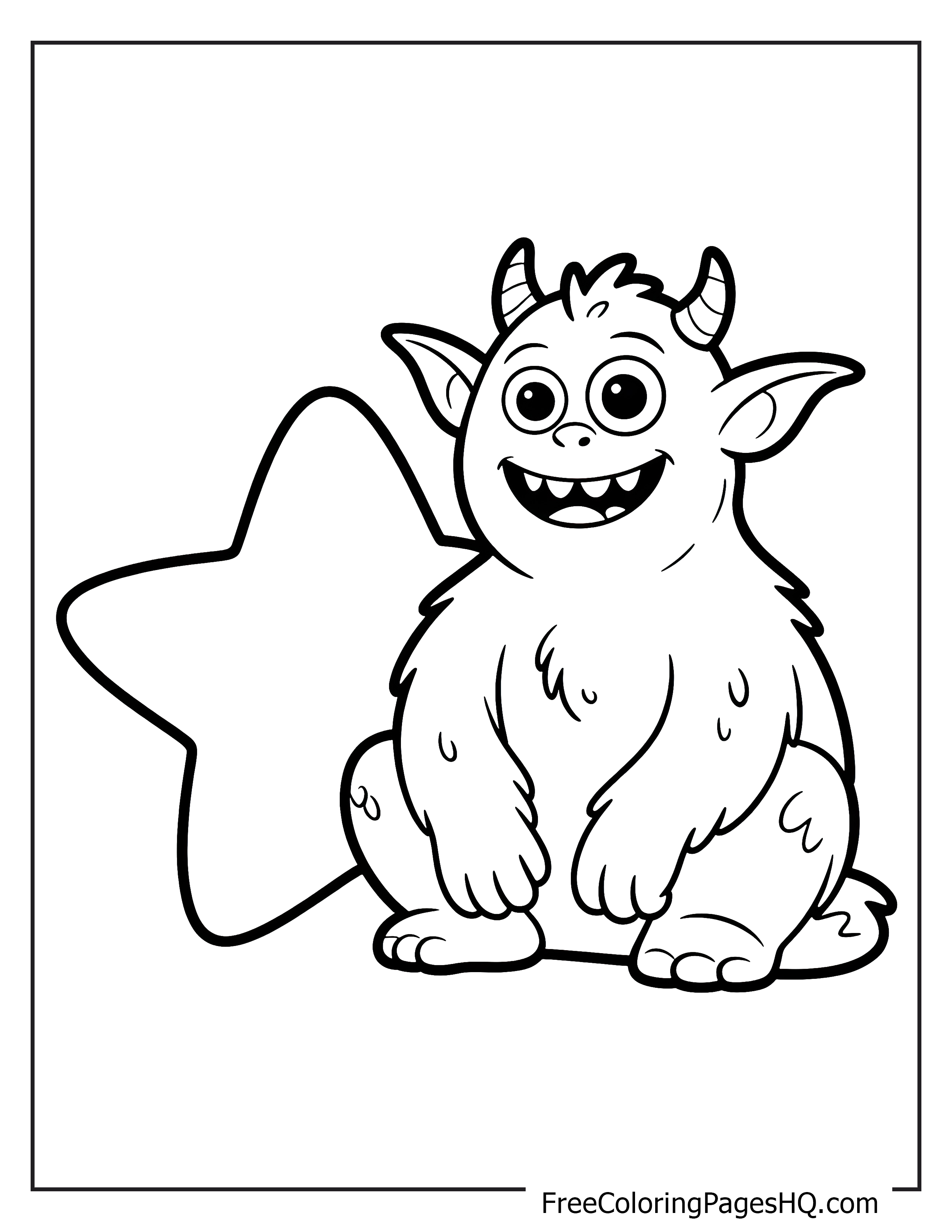 A cute, smiling monster with horns sits next to a large star.