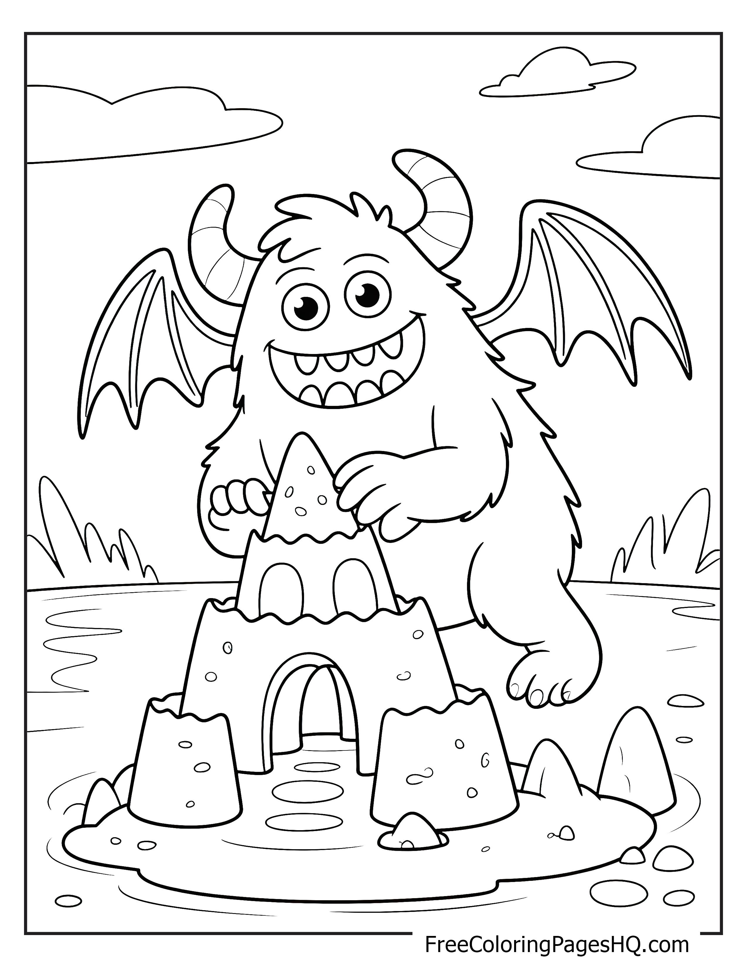 A smiling monster with wings building a sandcastle at the beach.