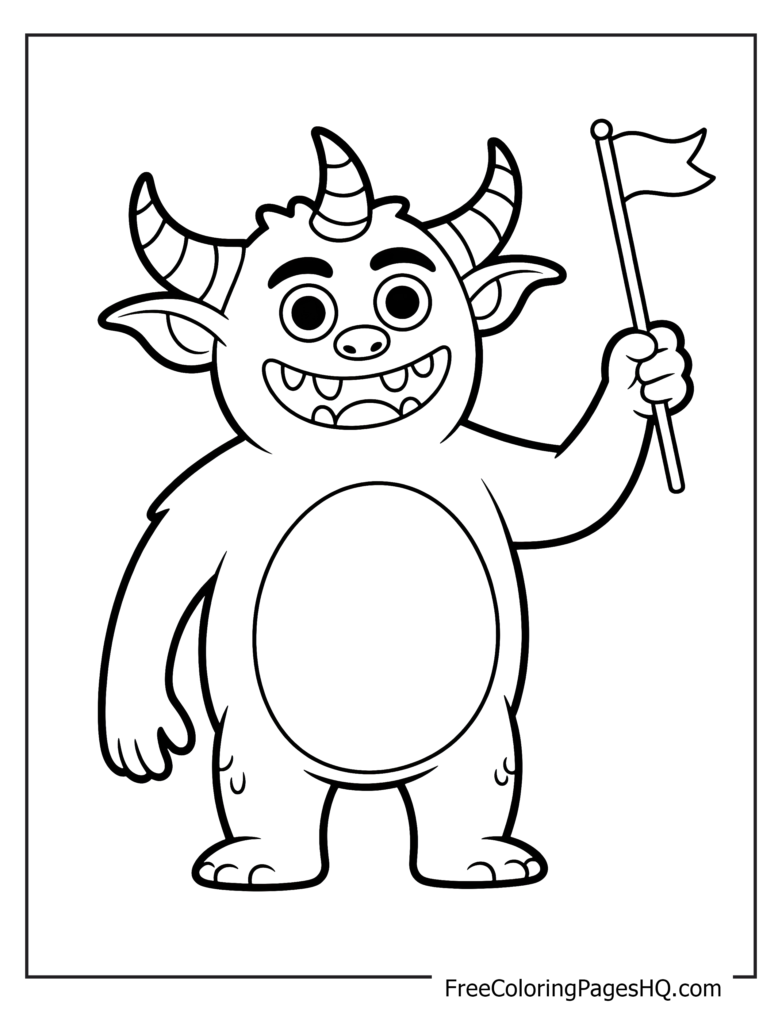 Cartoon monster with horns holding a flag and smiling.