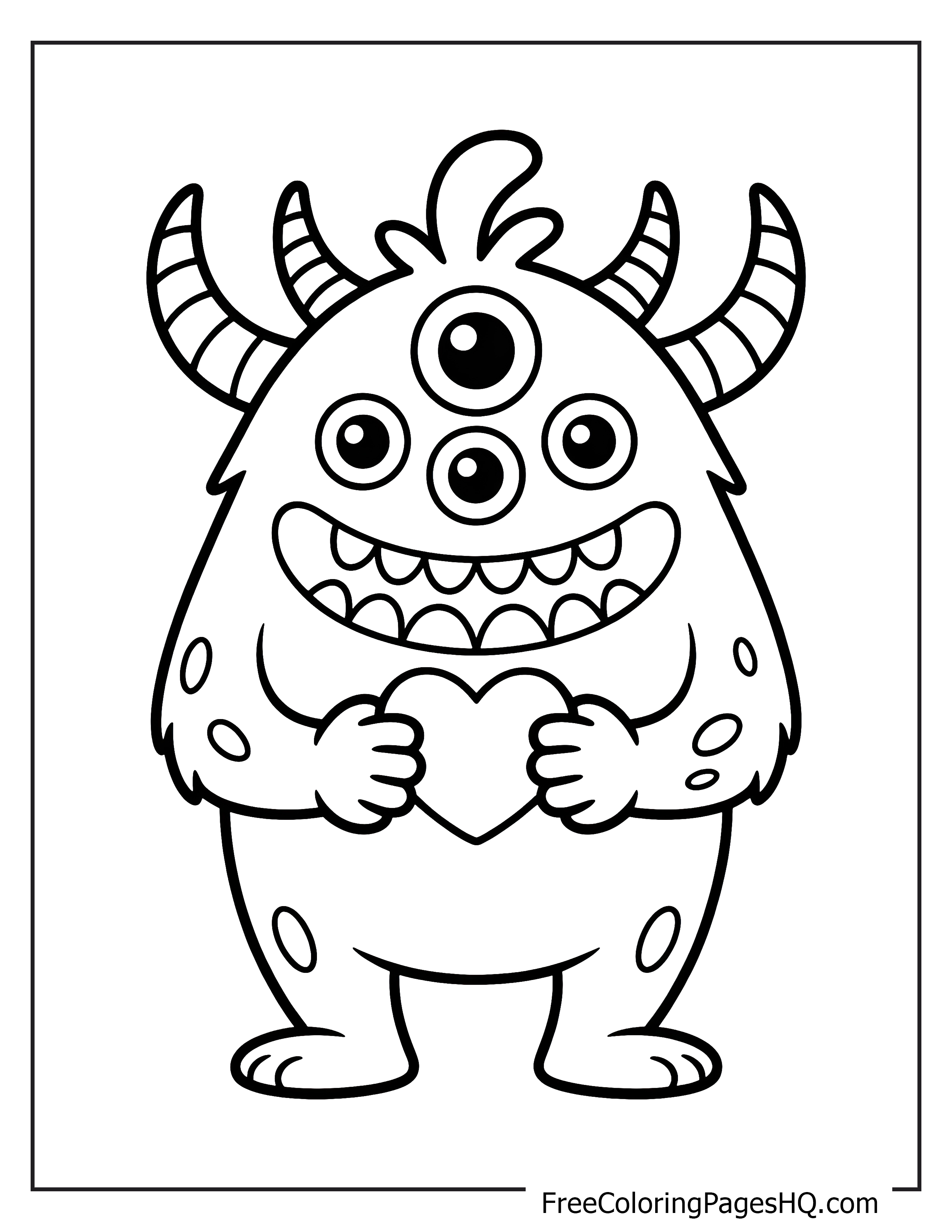 Smiling monster with four eyes and horns holding a heart shape.