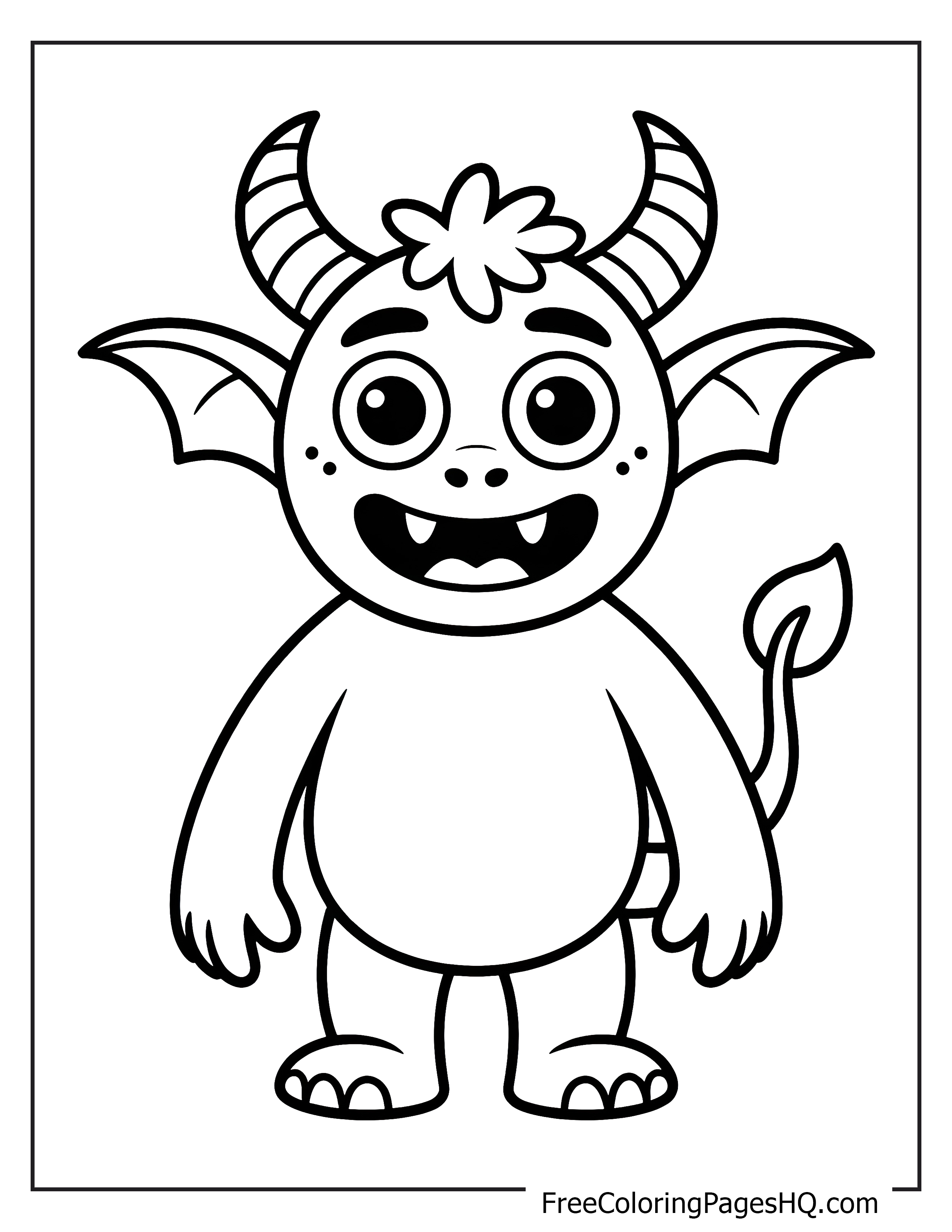 A friendly monster with big eyes, horns, and a wide smile stands happily.