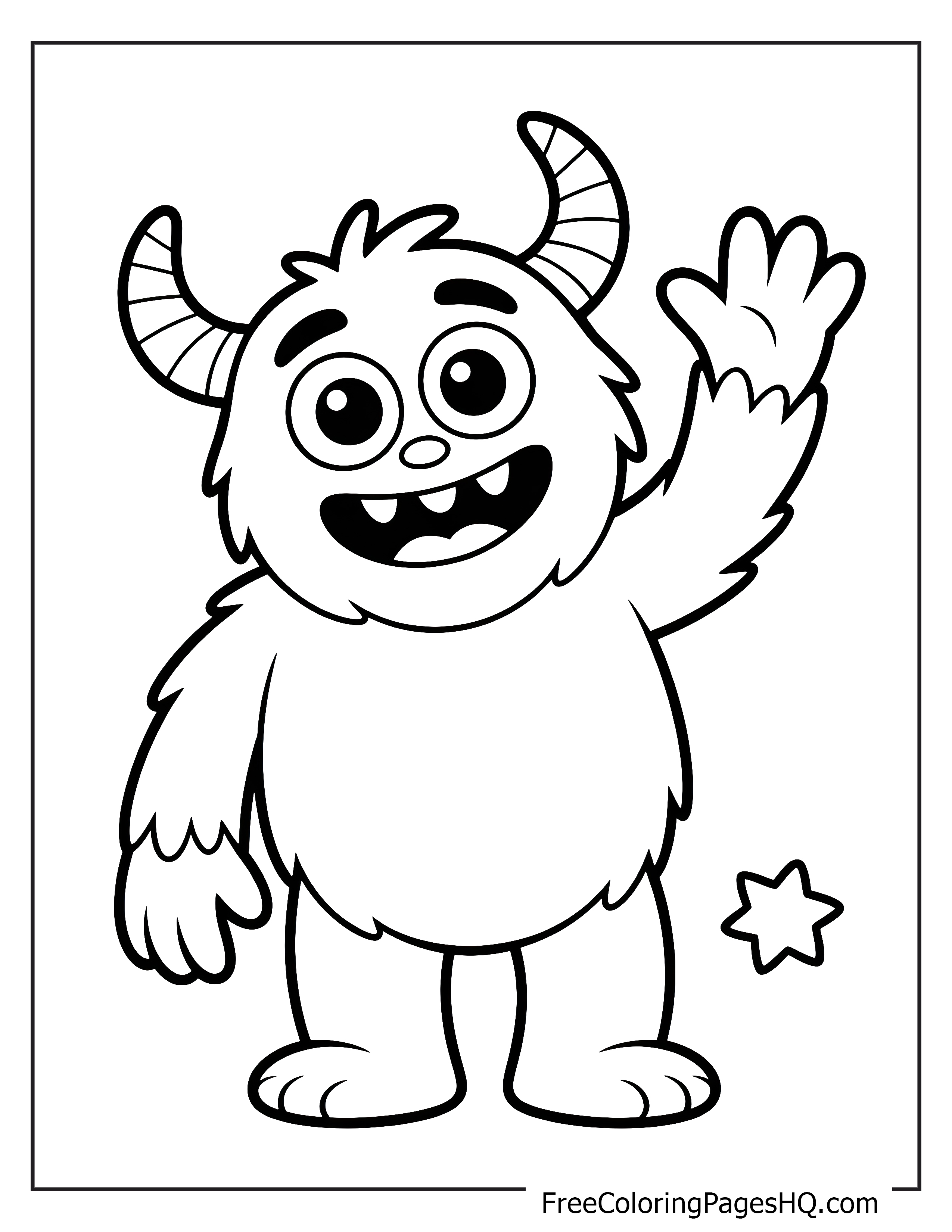 A cheerful monster with fluffy fur and striped horns waving.