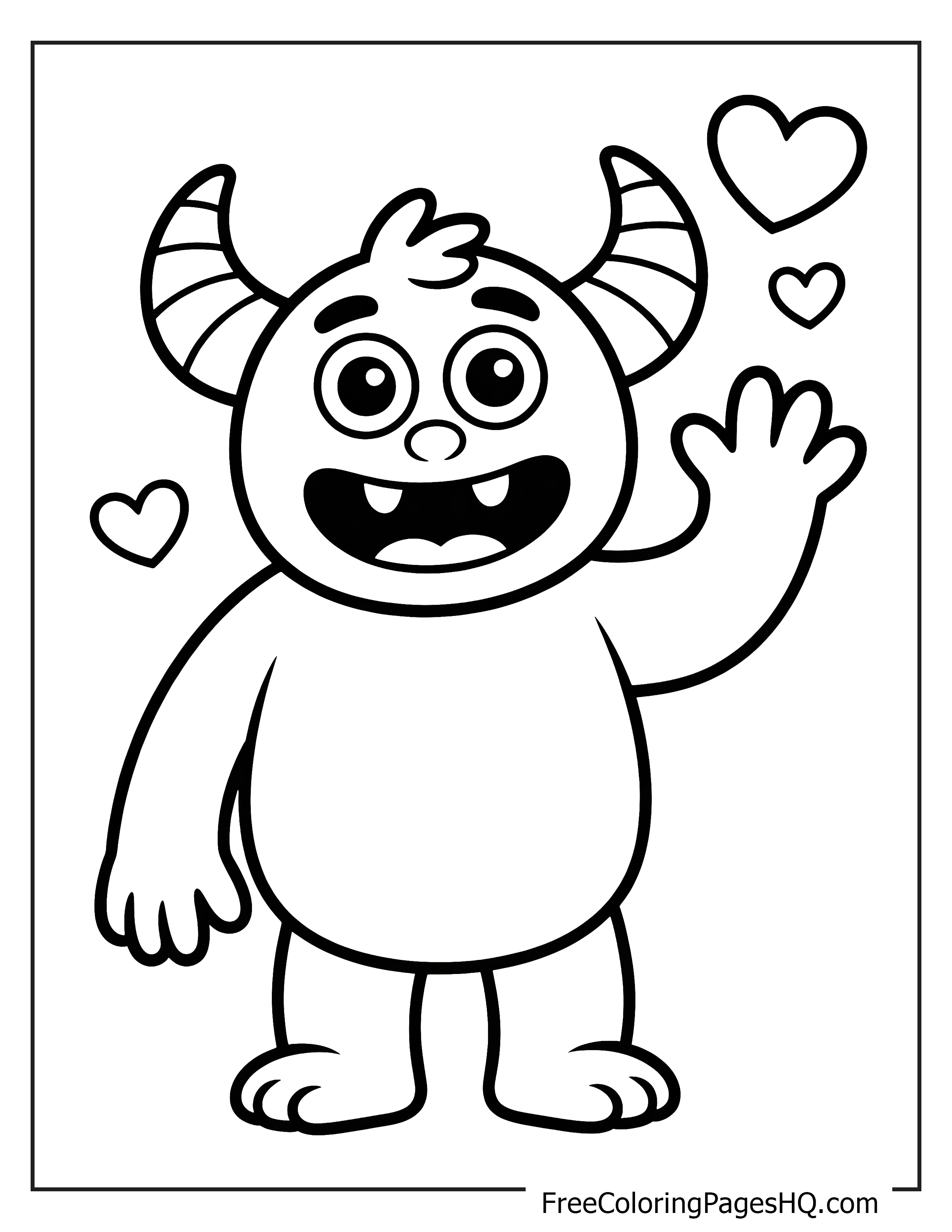 A happy monster with horns waves surrounded by hearts.