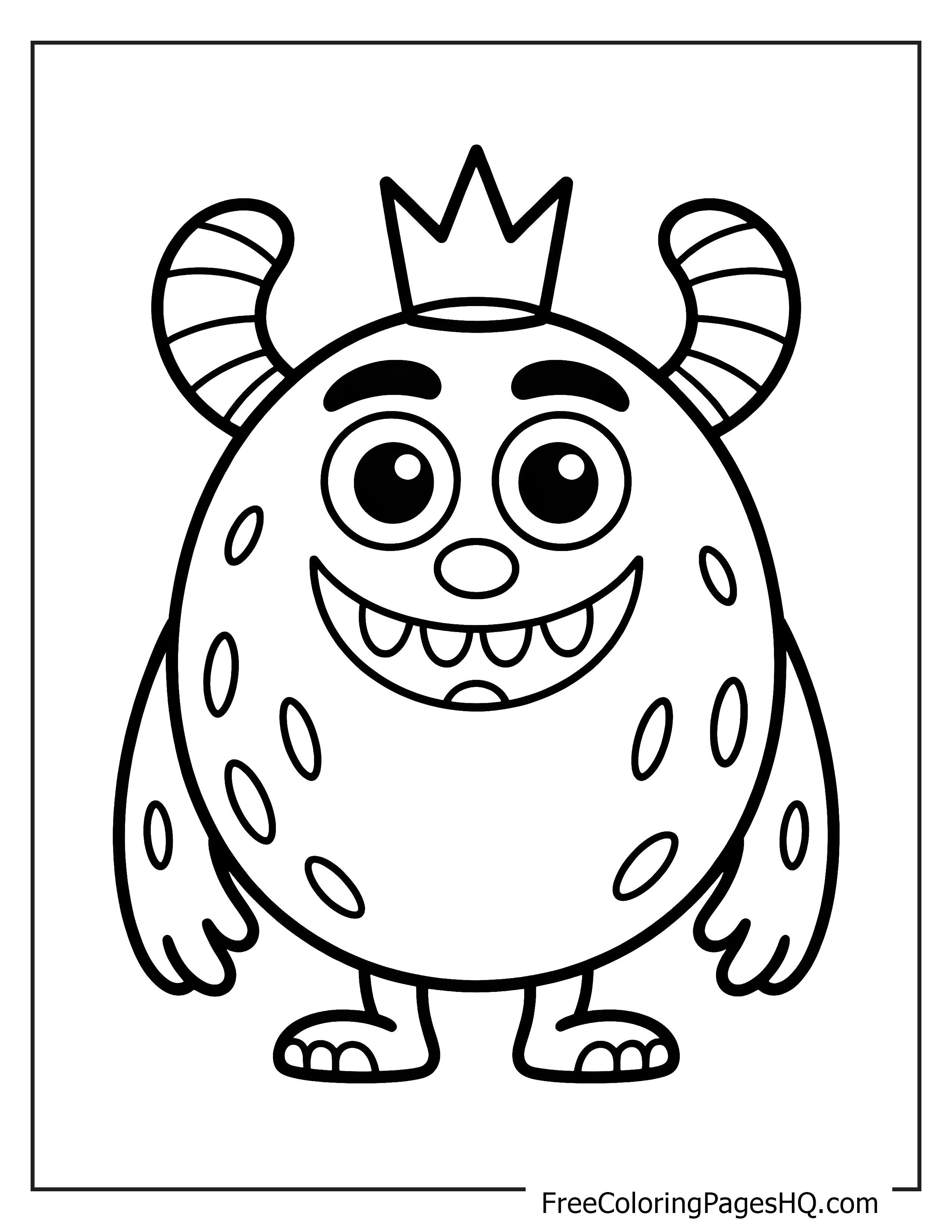 A smiling monster with spots, a crown, and striped horns.