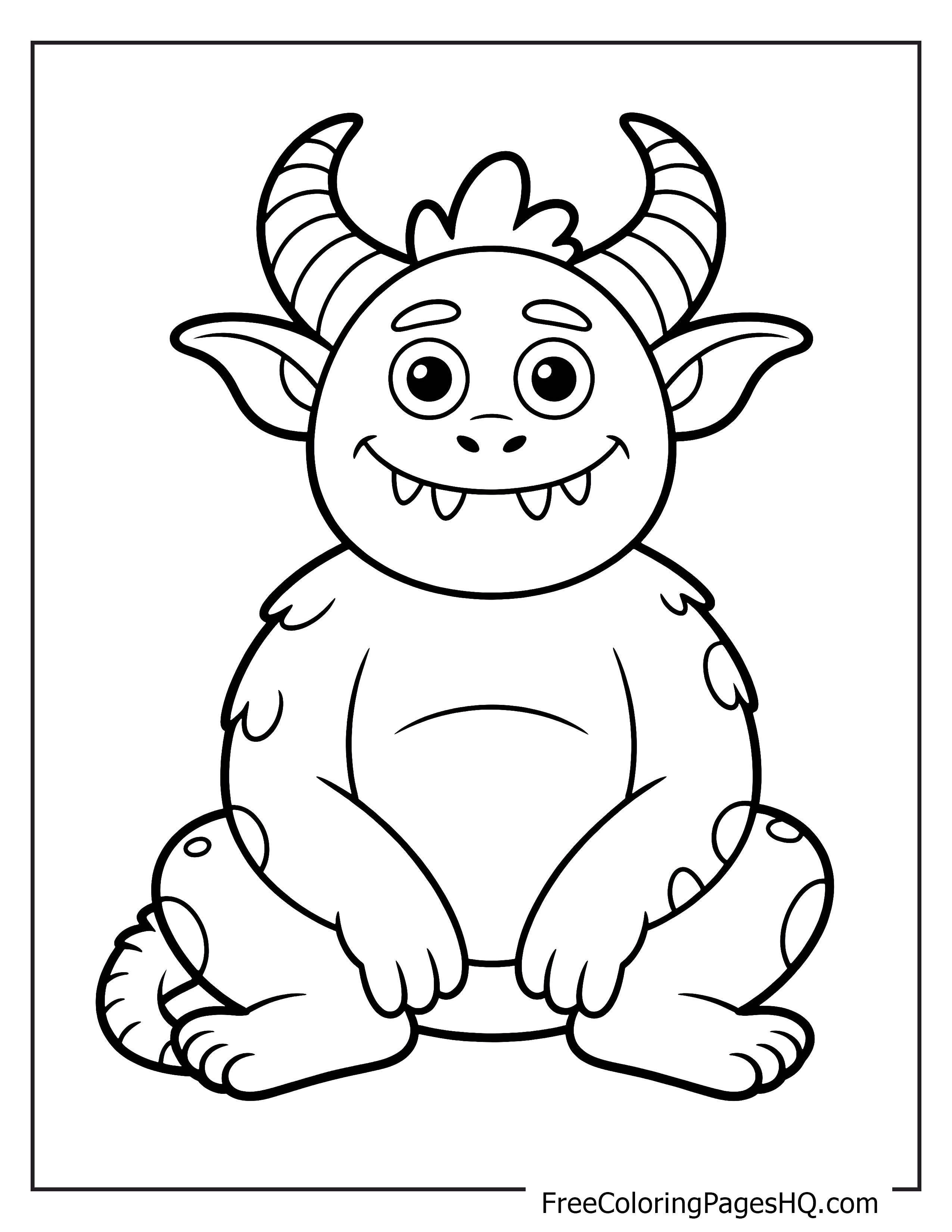 A happy monster with big horns and a friendly smile sits peacefully.