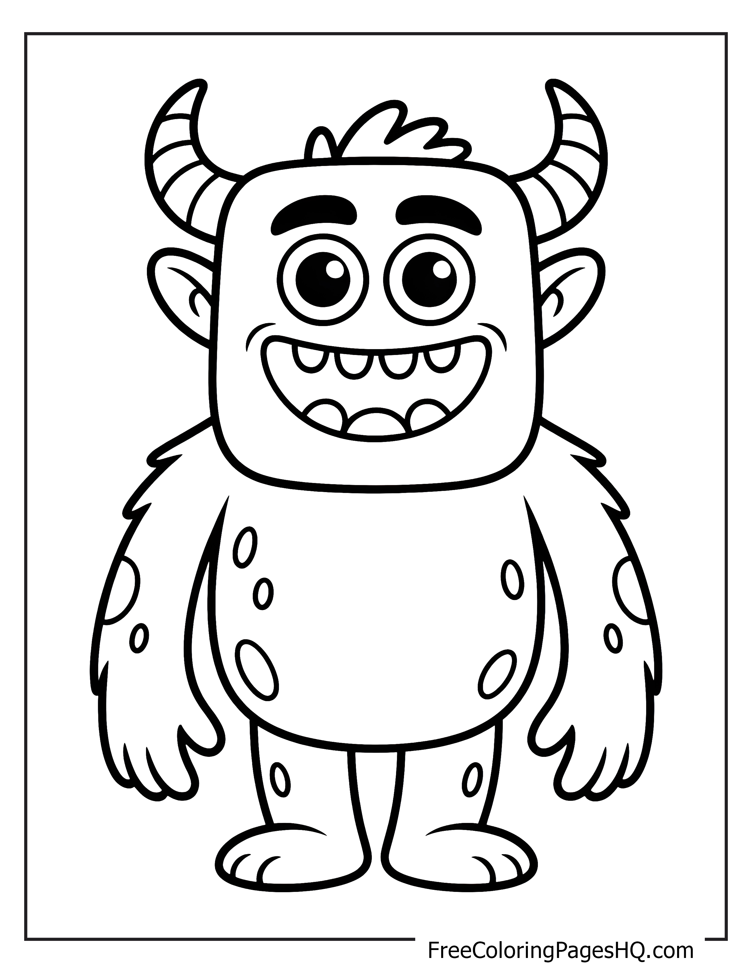 Cheerful monster with big eyes and a wide smile, featuring horns and spots.