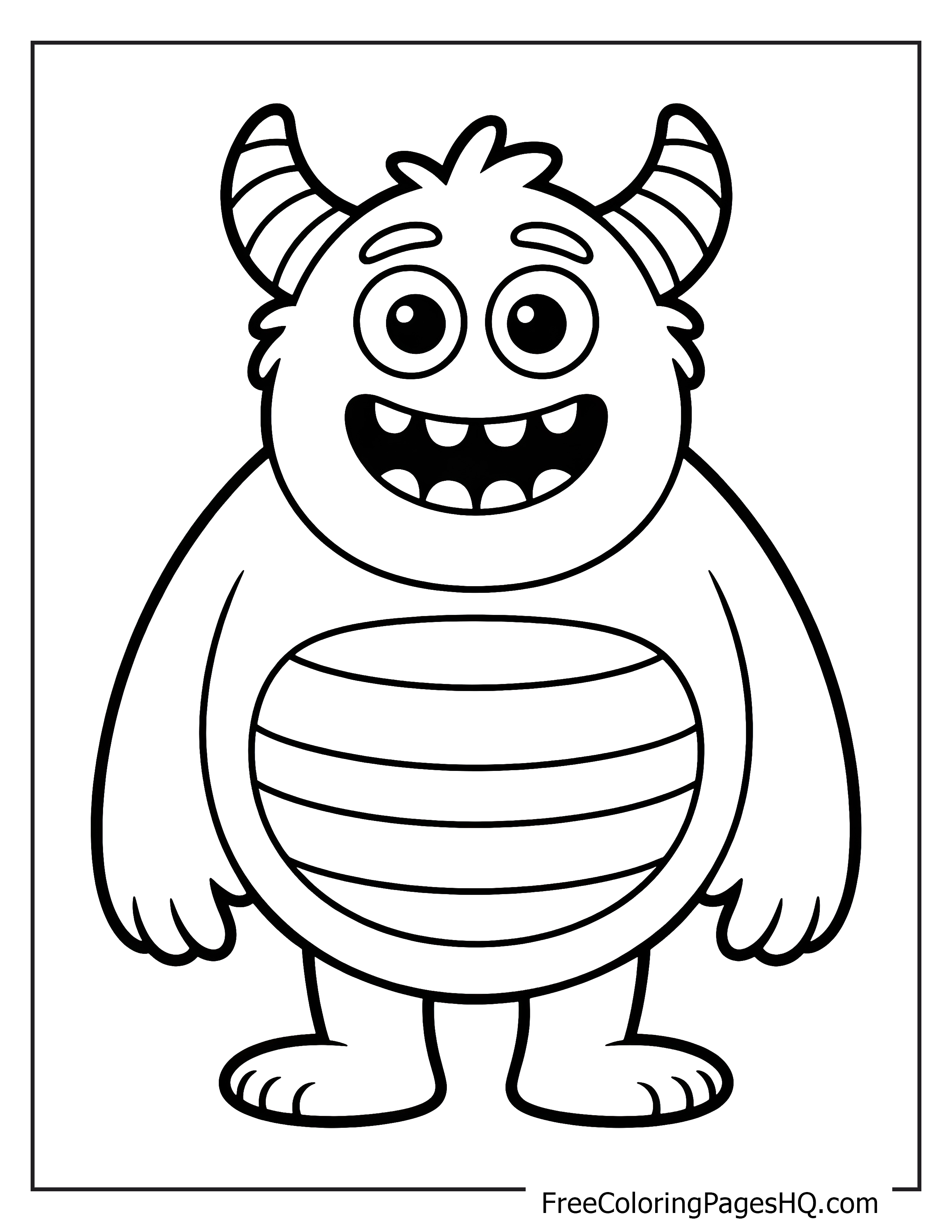 A cartoon monster with round eyes and a big smile, showcasing striped belly and small horns.
