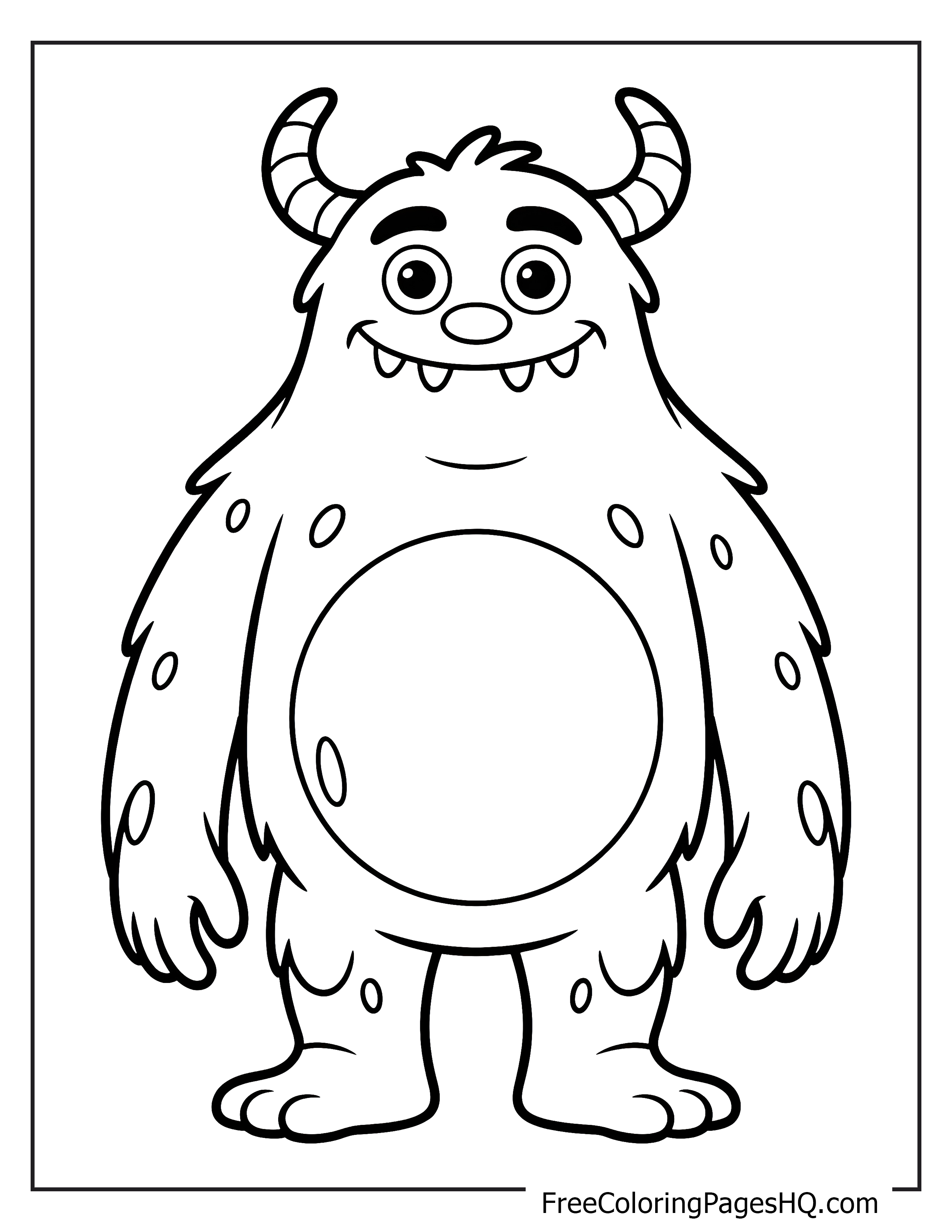 A happy, horned monster with a spotted furry belly stands smiling.