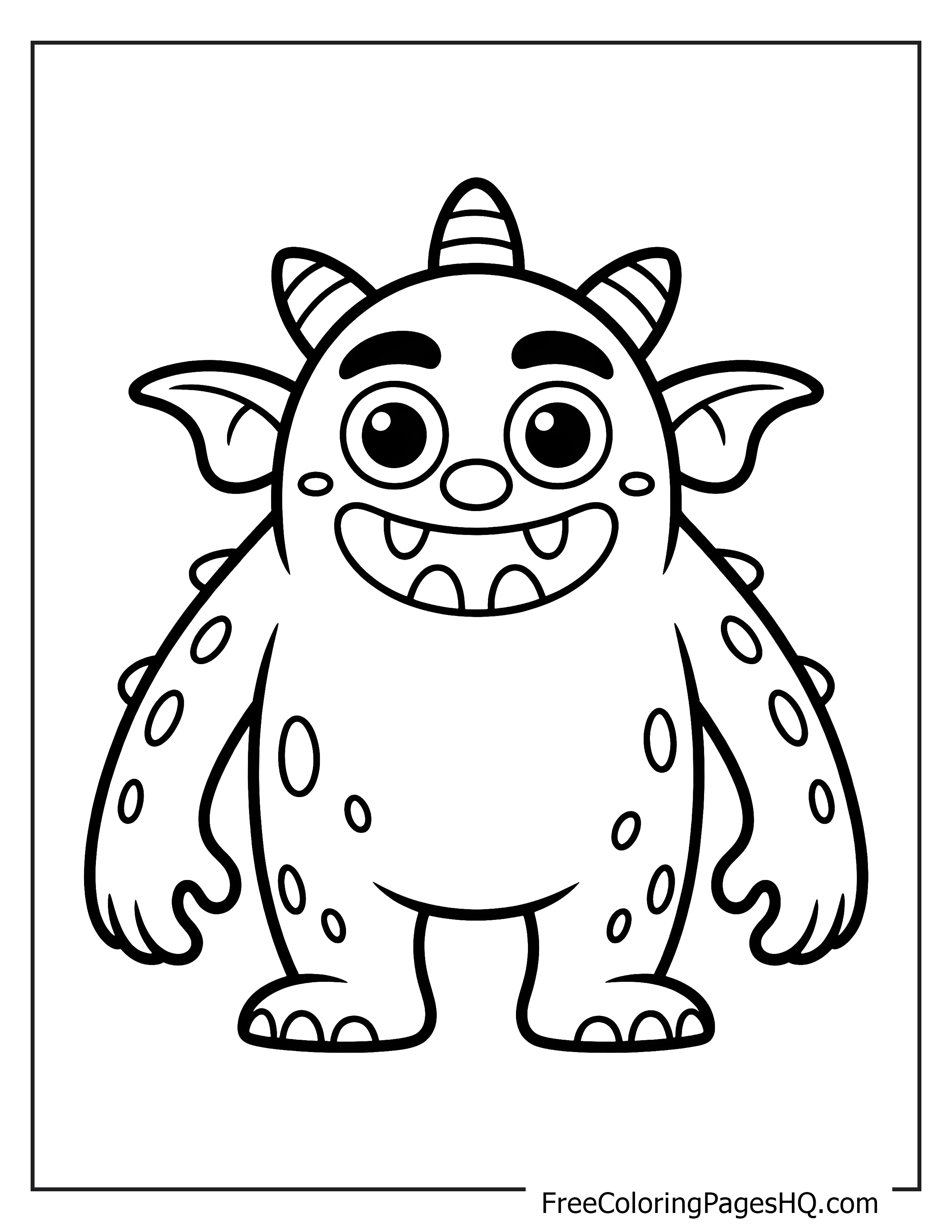 A happy monster with spikes stands smiling in a whimsical forest.