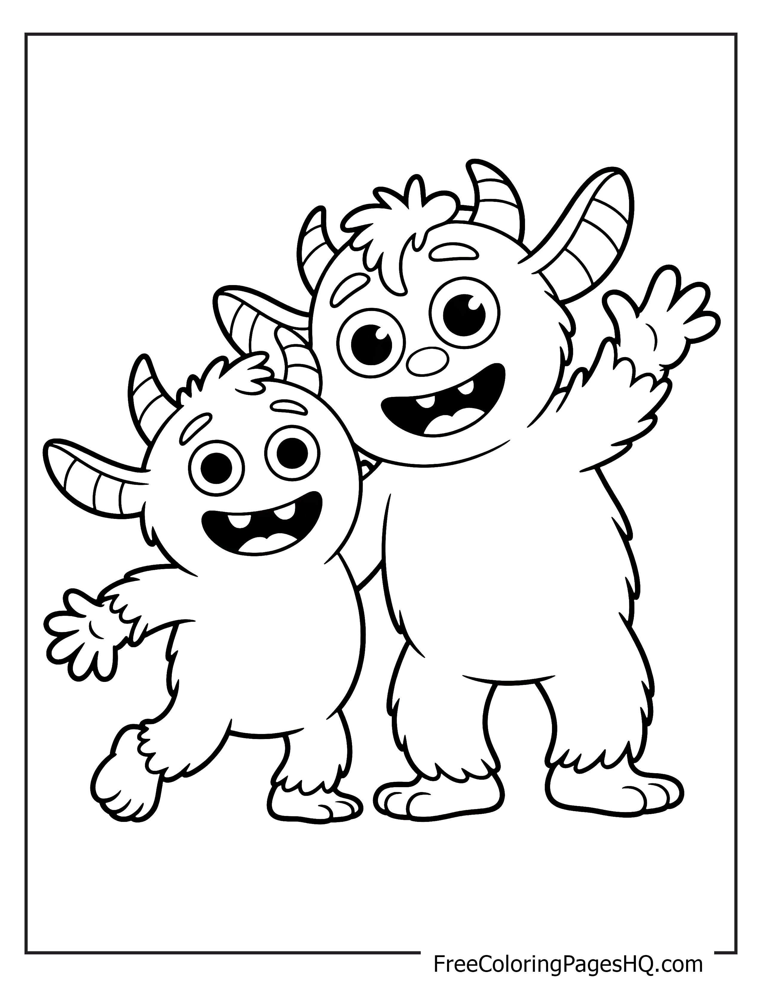 Two friendly monsters, both with horns and big smiles, waving joyfully.
