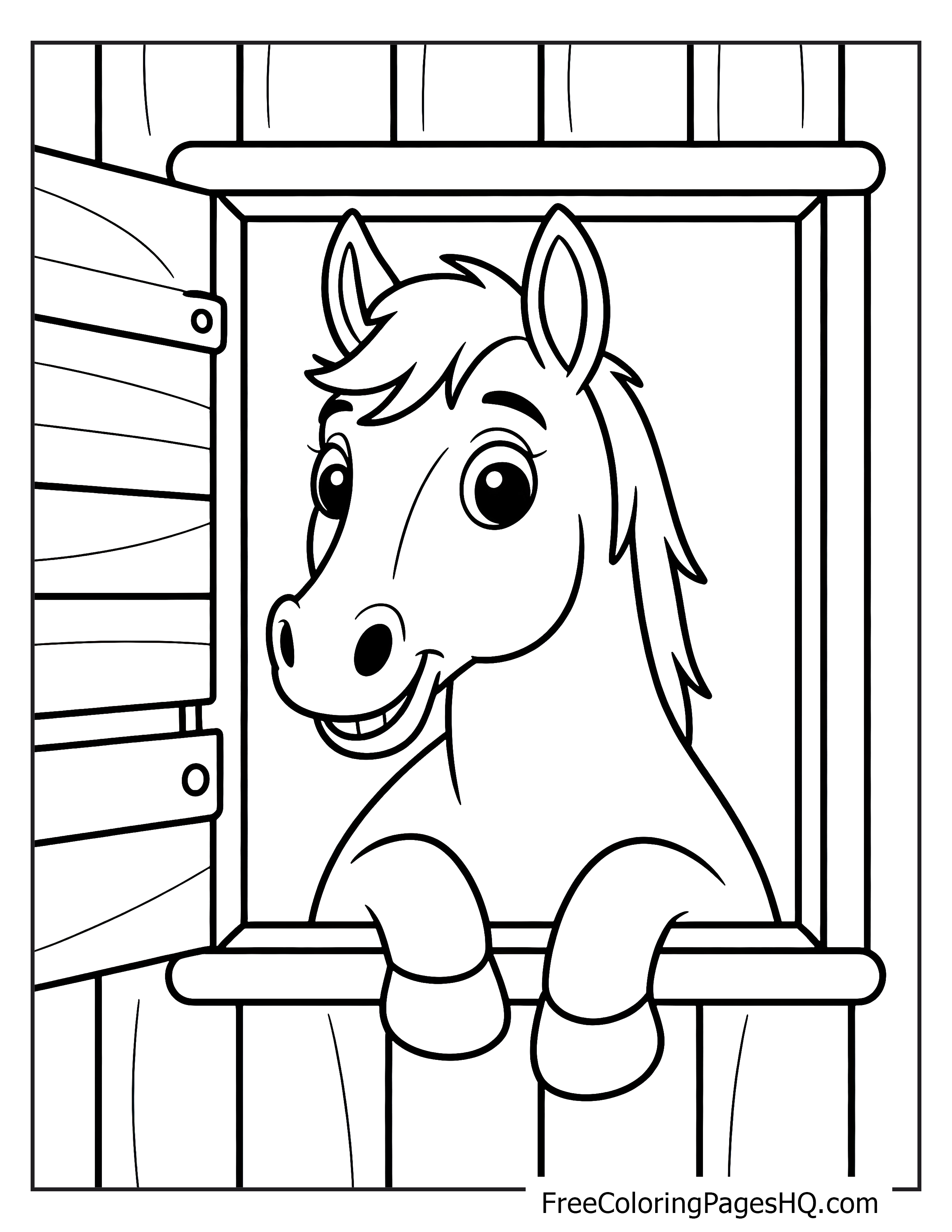 Pony with a happy expression looking out from a stable window.