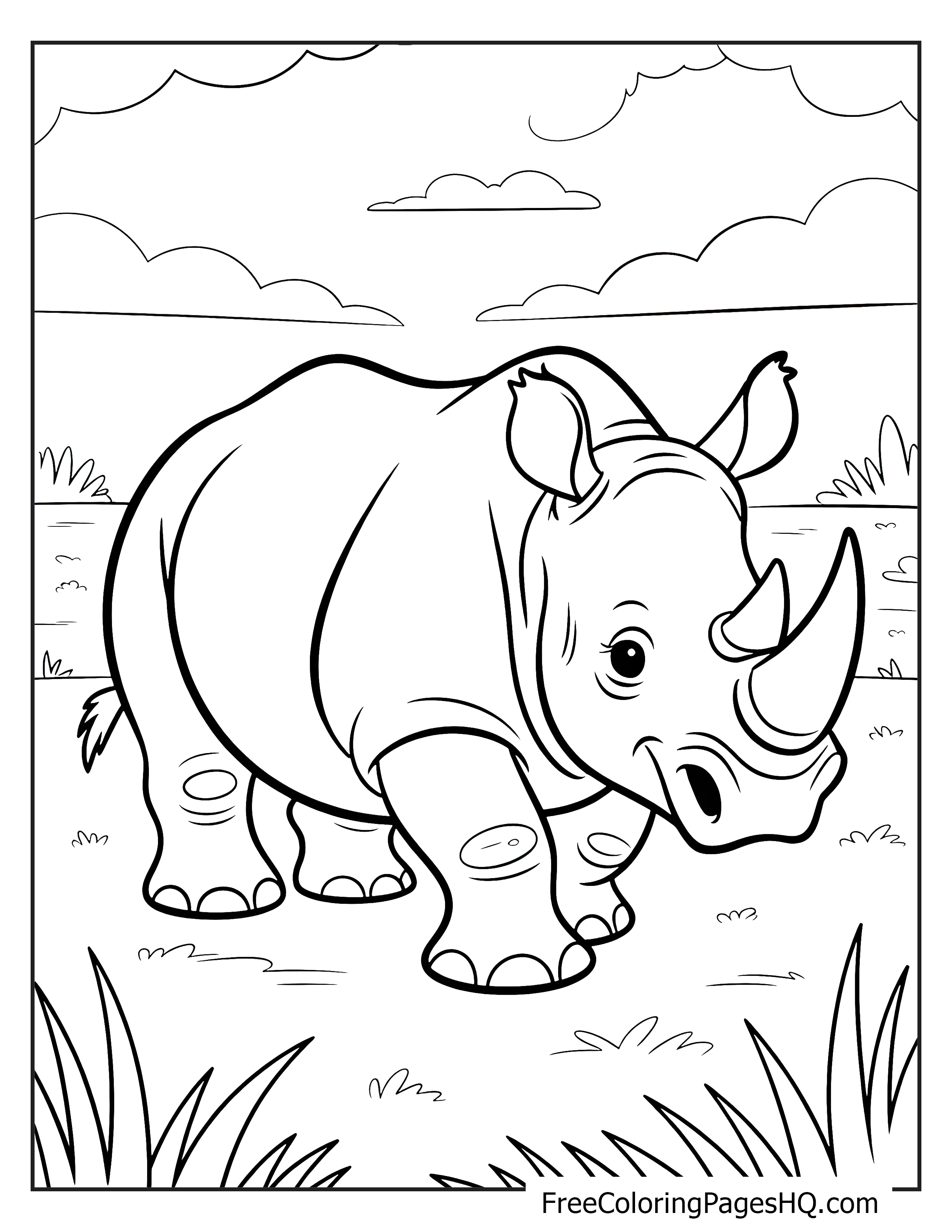 A rhino walking in a grassy area with clouds in the sky.