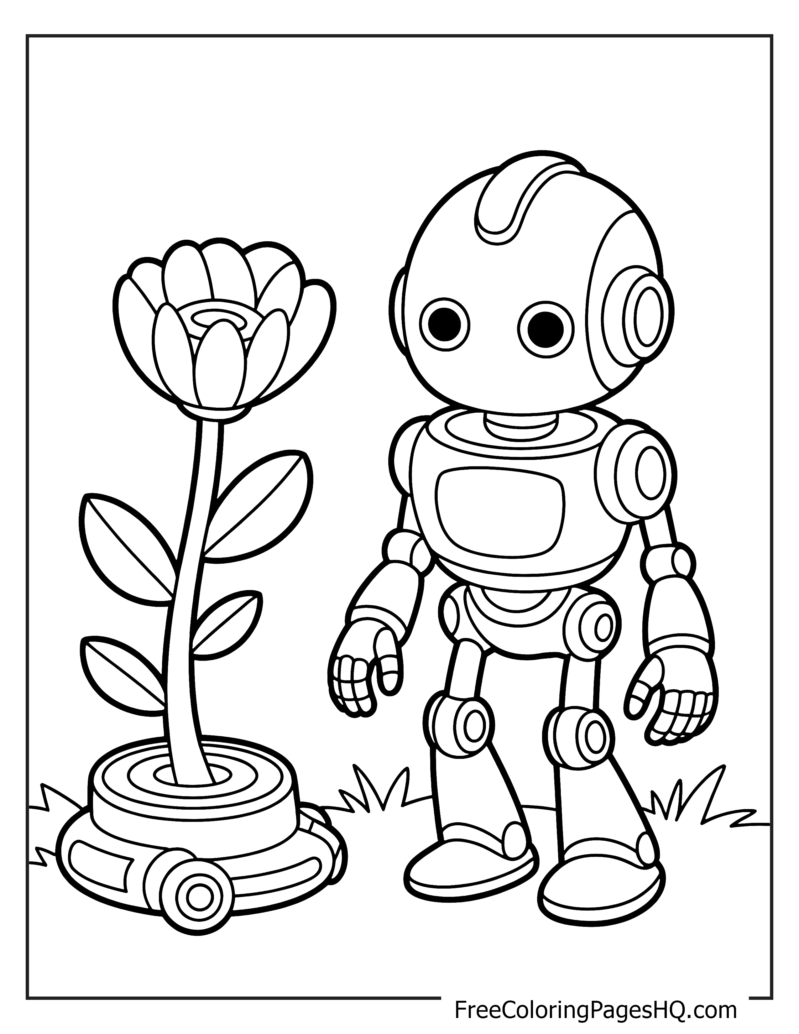 A robot standing next to a blooming flower in the garden.