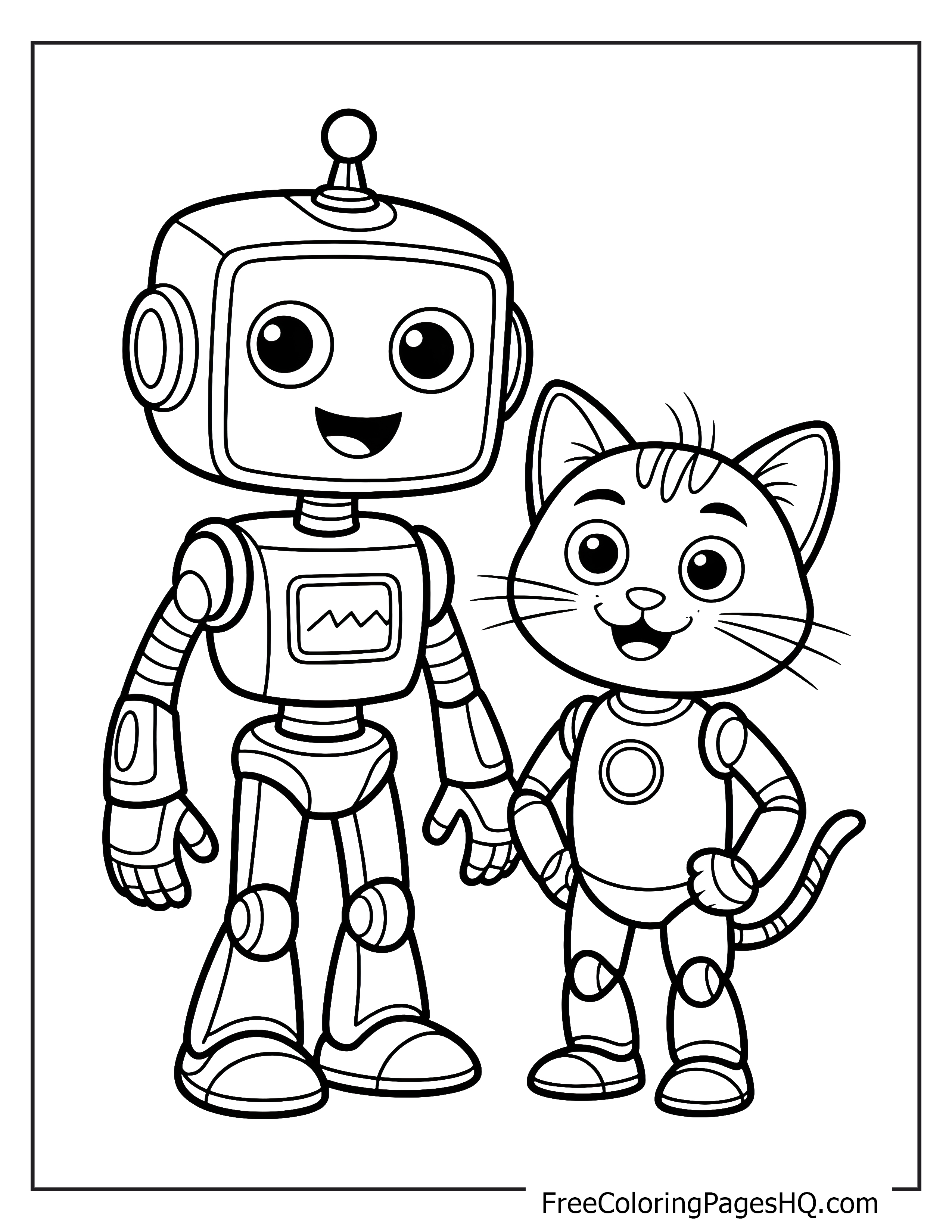 Happy robot with a cat companion, both standing cheerfully.