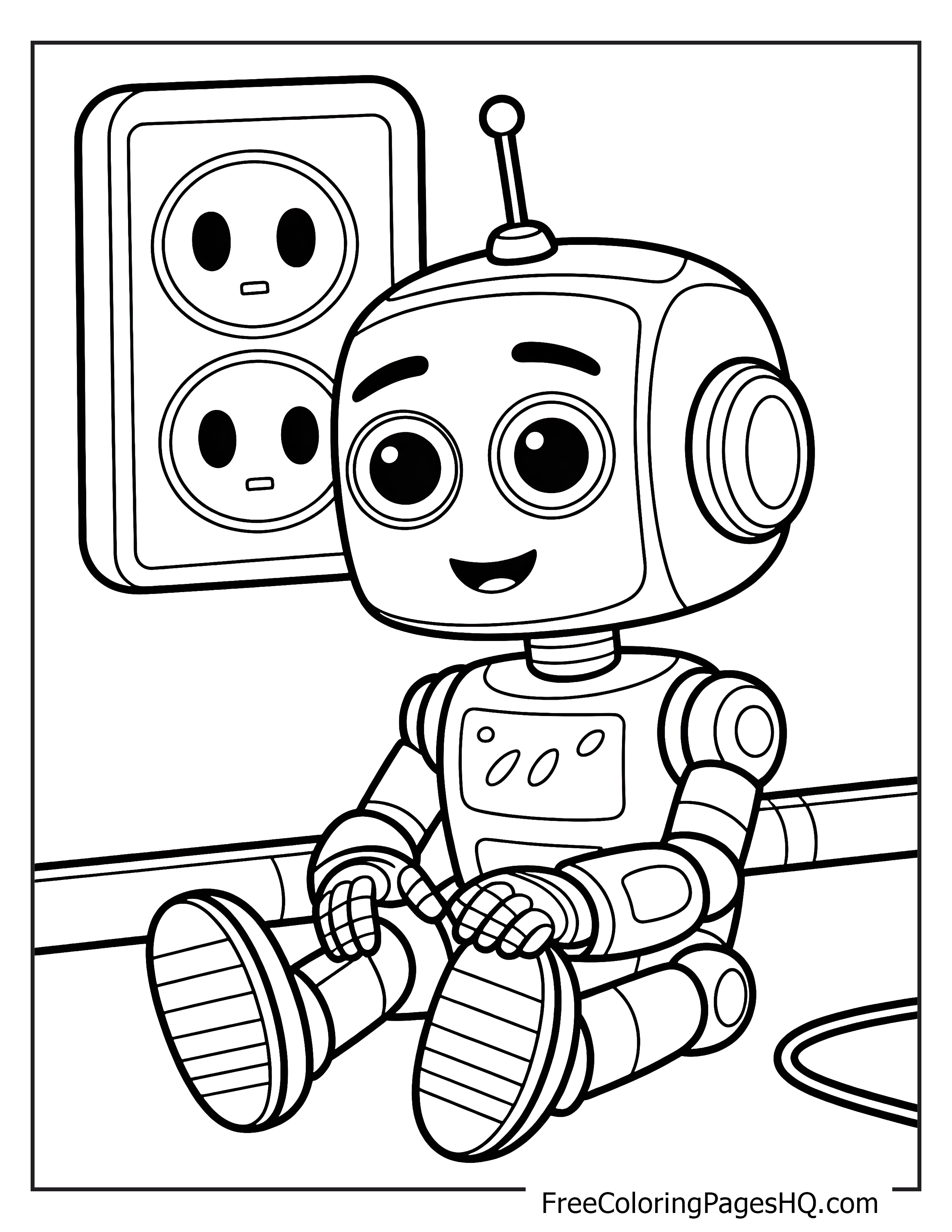 A cute robot sits happily next to a wall outlet.