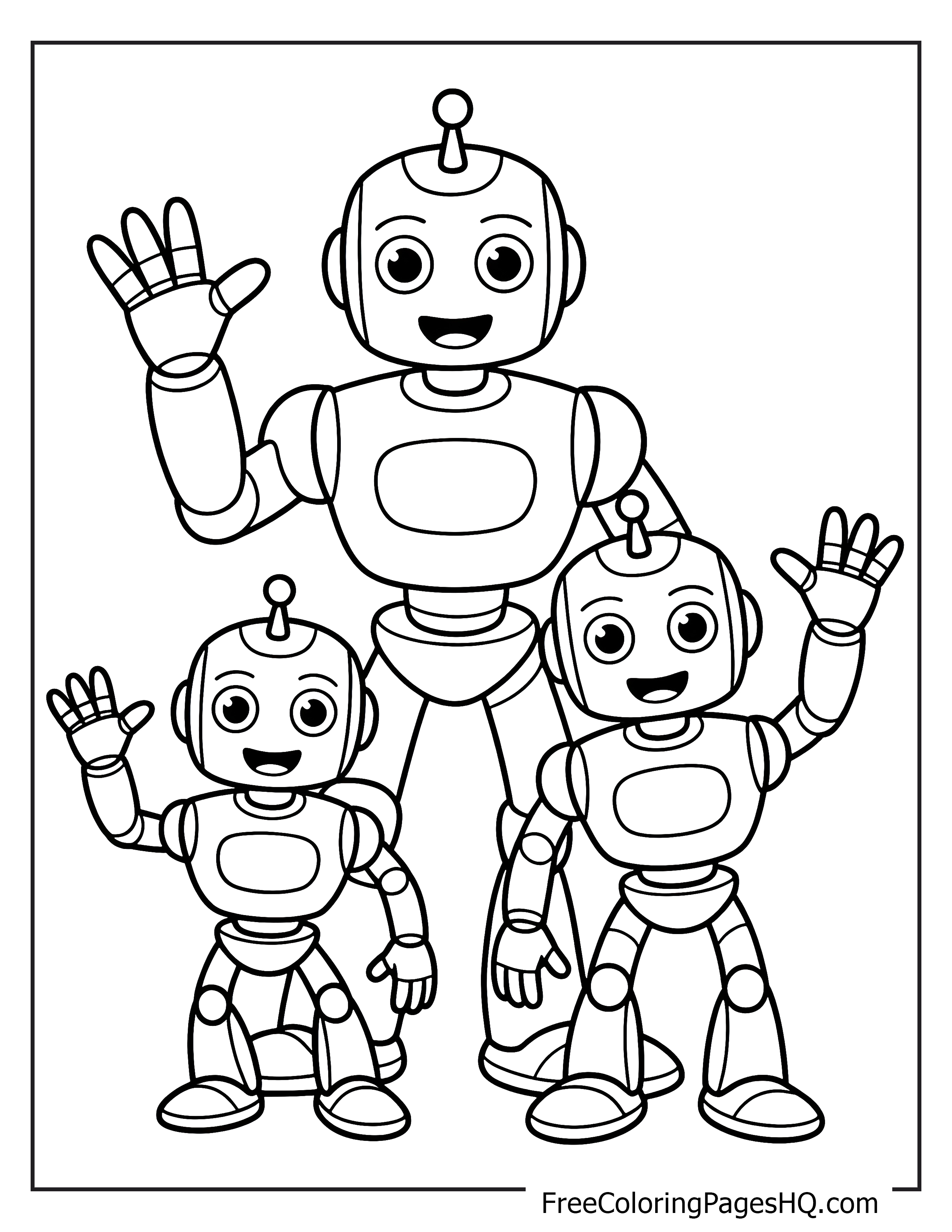 A family of three robots, each with antennas, happily waving.