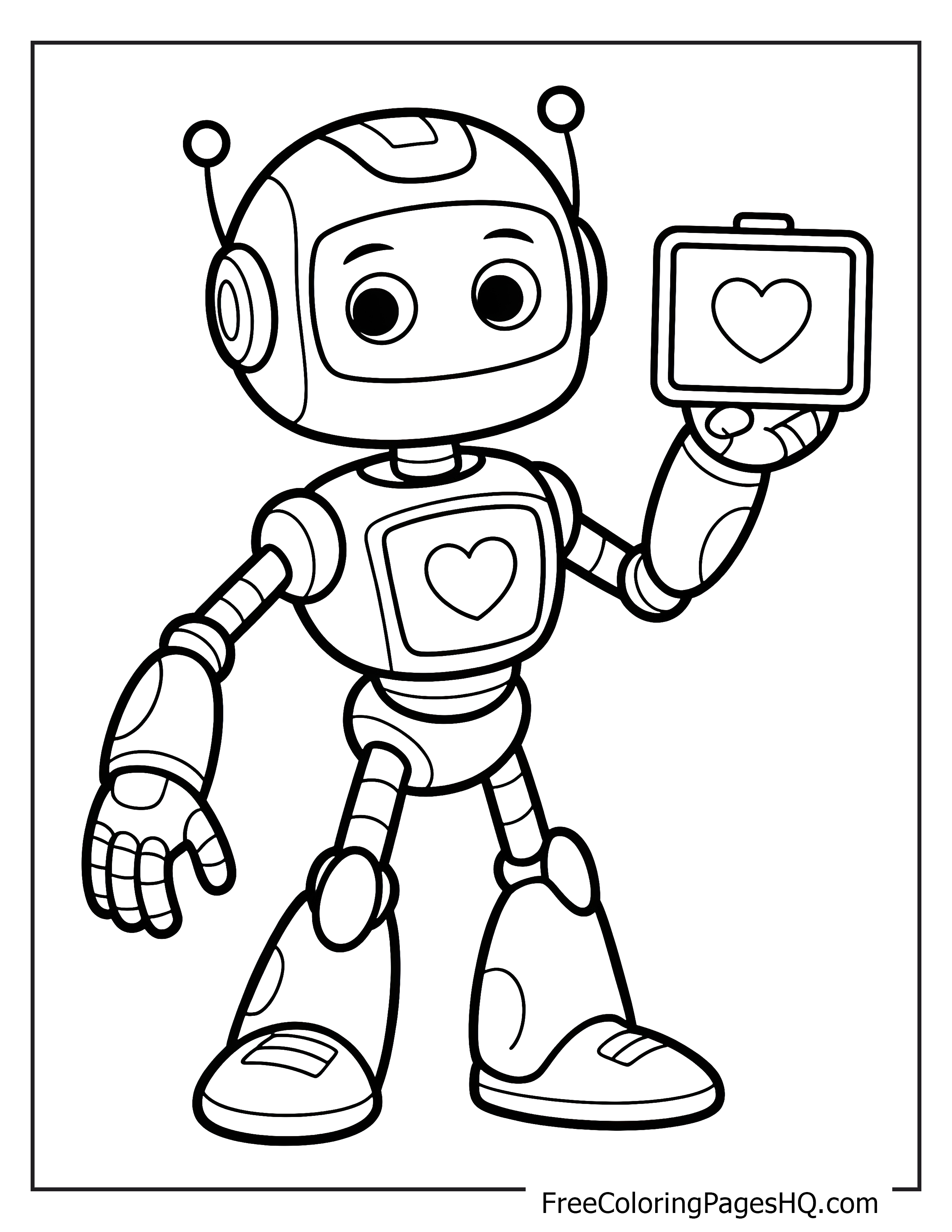 A cheerful robot with big eyes holds a heart-decorated tablet.