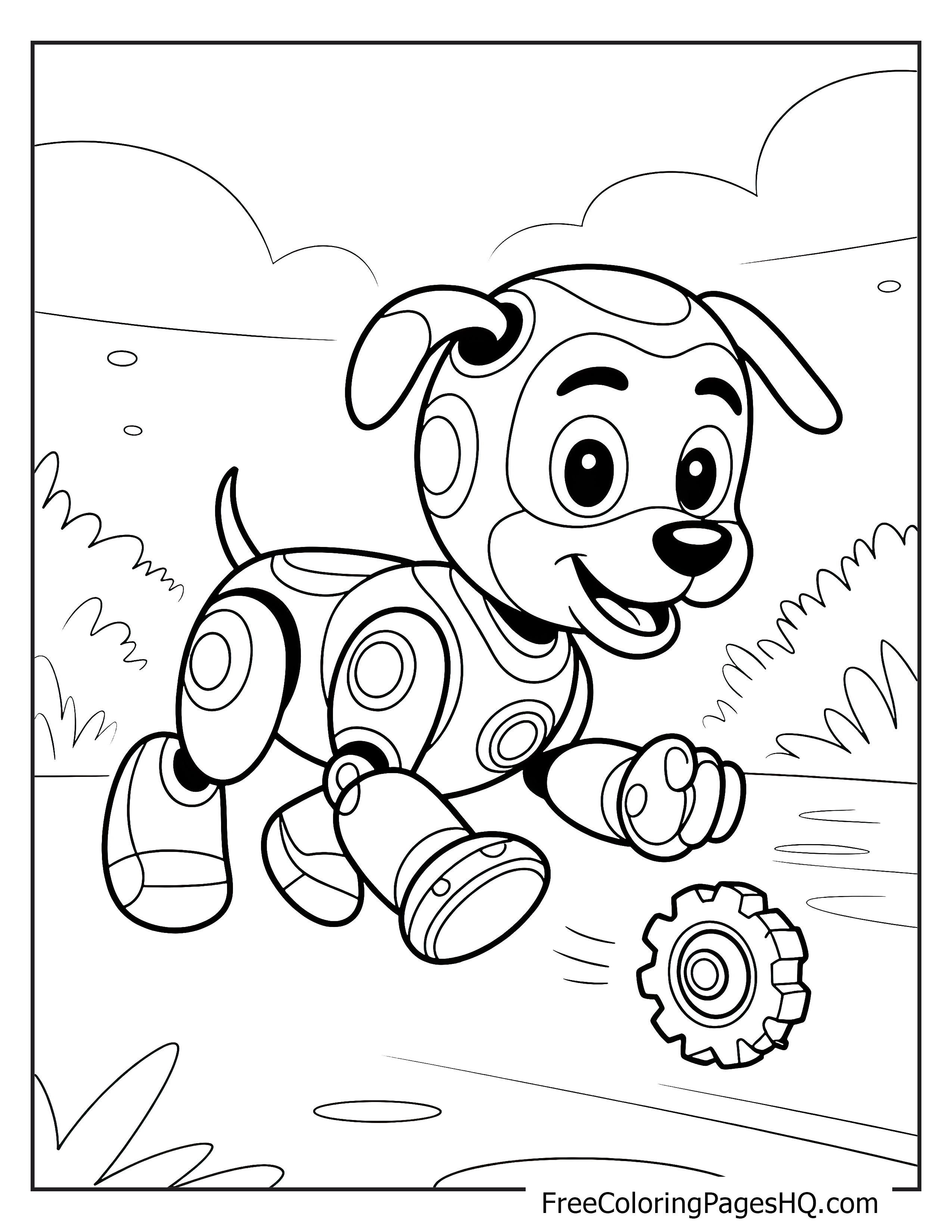 A robot puppy running after a gear-shaped toy in a grassy area.
