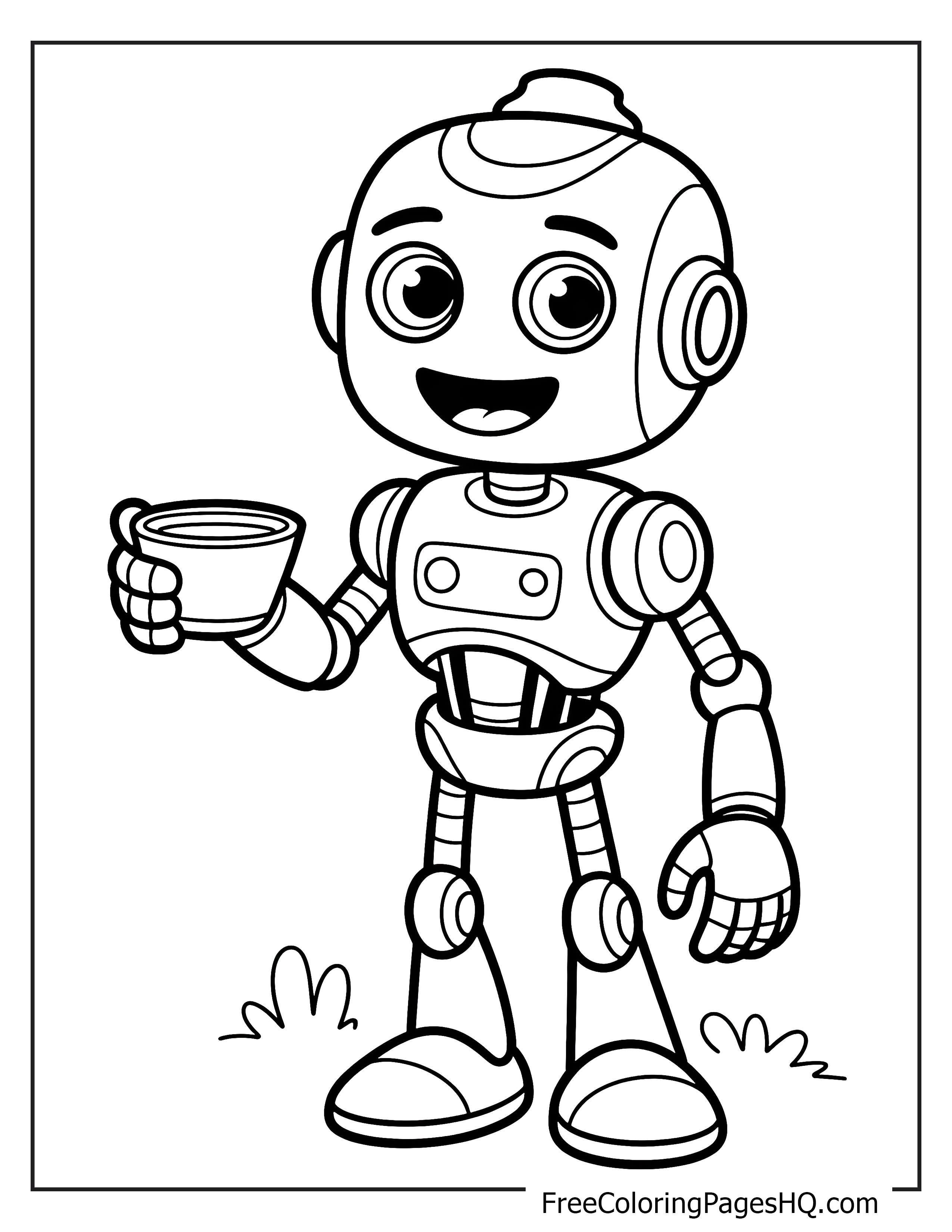 Smiling robot holds a teacup in a garden setting.