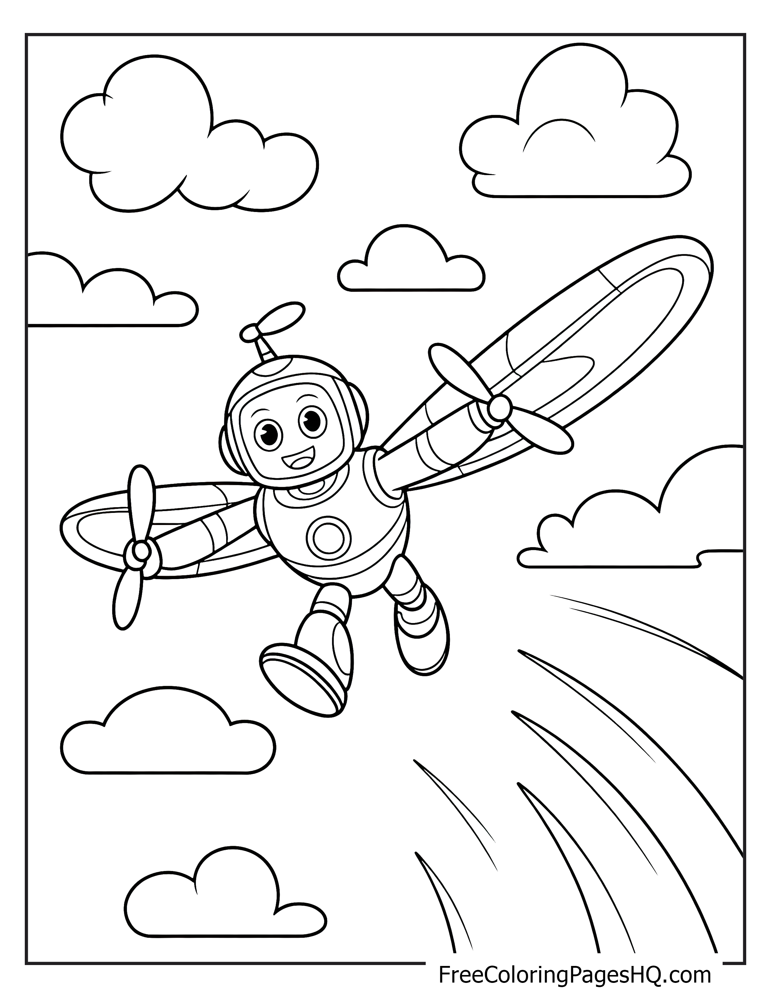 A happy robot flying with propellers surrounded by clouds.