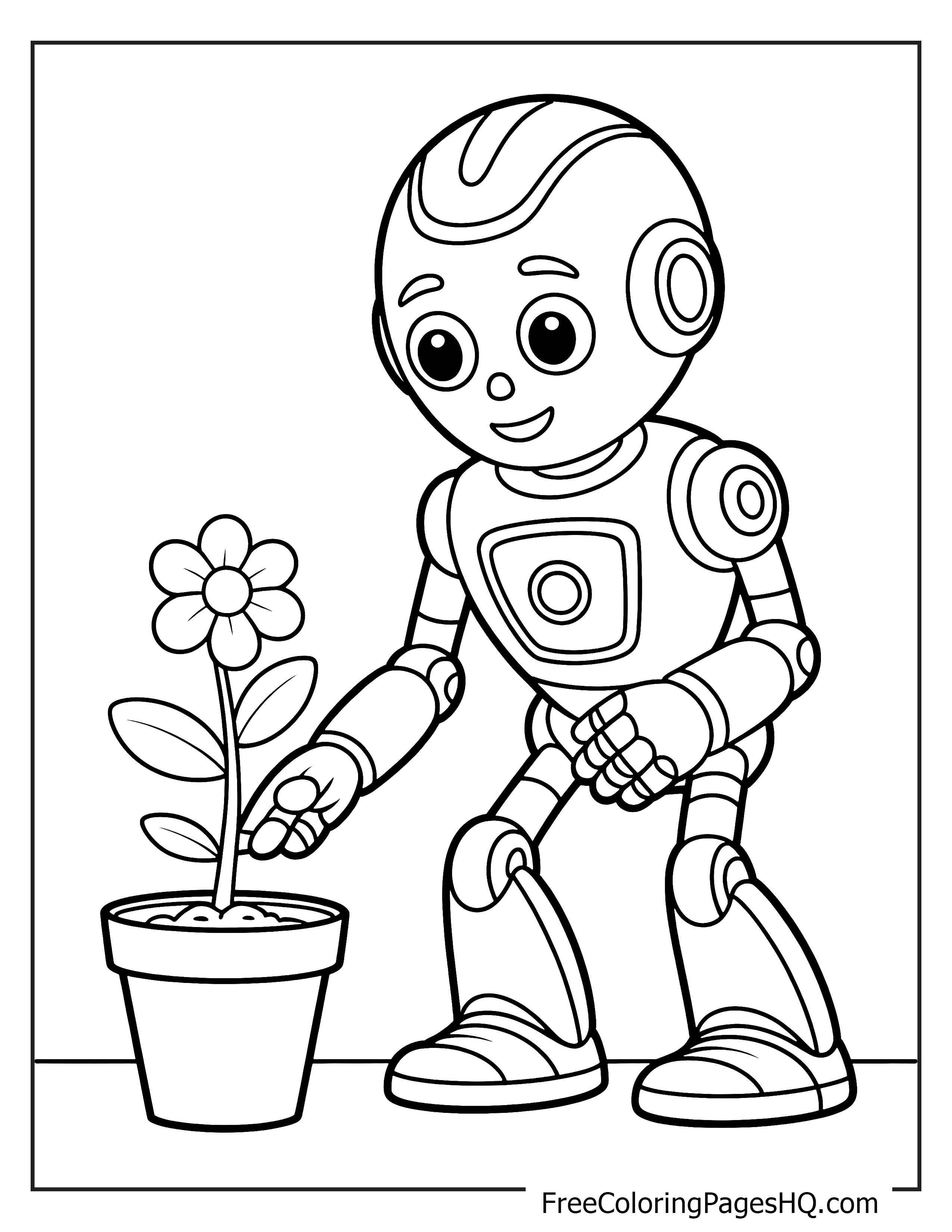 A cheerful robot carefully touches a potted flower.